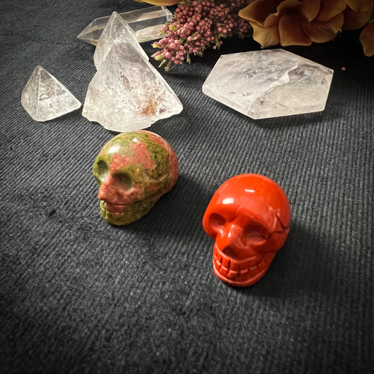 Tiny Red Jasper or Unakite gemstone skull amulet for altar, meditation, witchcraft Baguette Magick