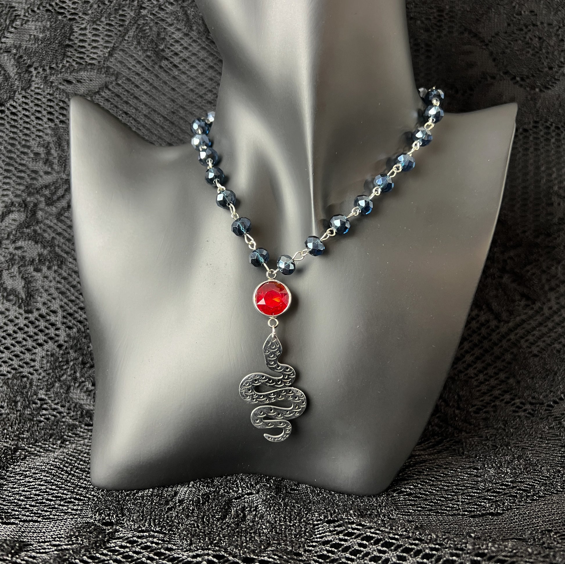 Witch choker with a snake pendant witch necklace corporate gothic rosary style occult jewelry