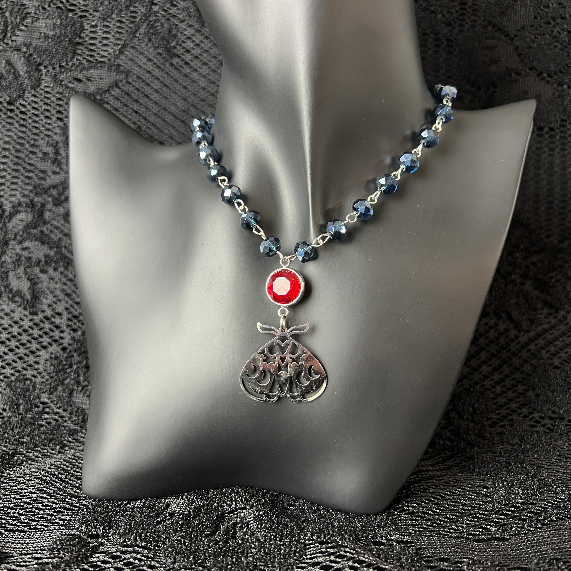 Witch choker with a moth pendant witch necklace gothic necklace corporate gothic rosary style occult jewelry