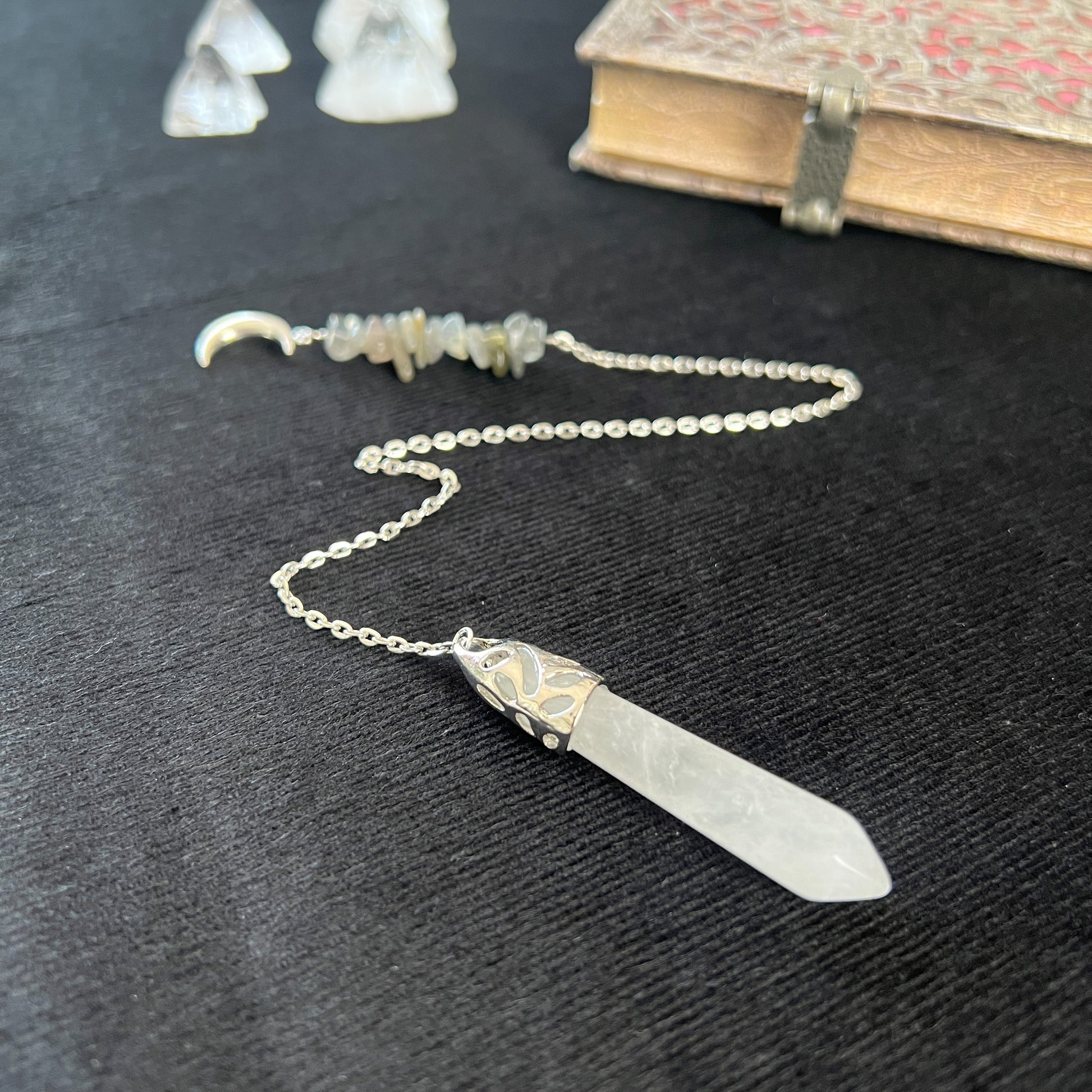 Gemstone pendulum quartz and labradorite Moon crescent dowsing divination tool for witchcraft fortune telling