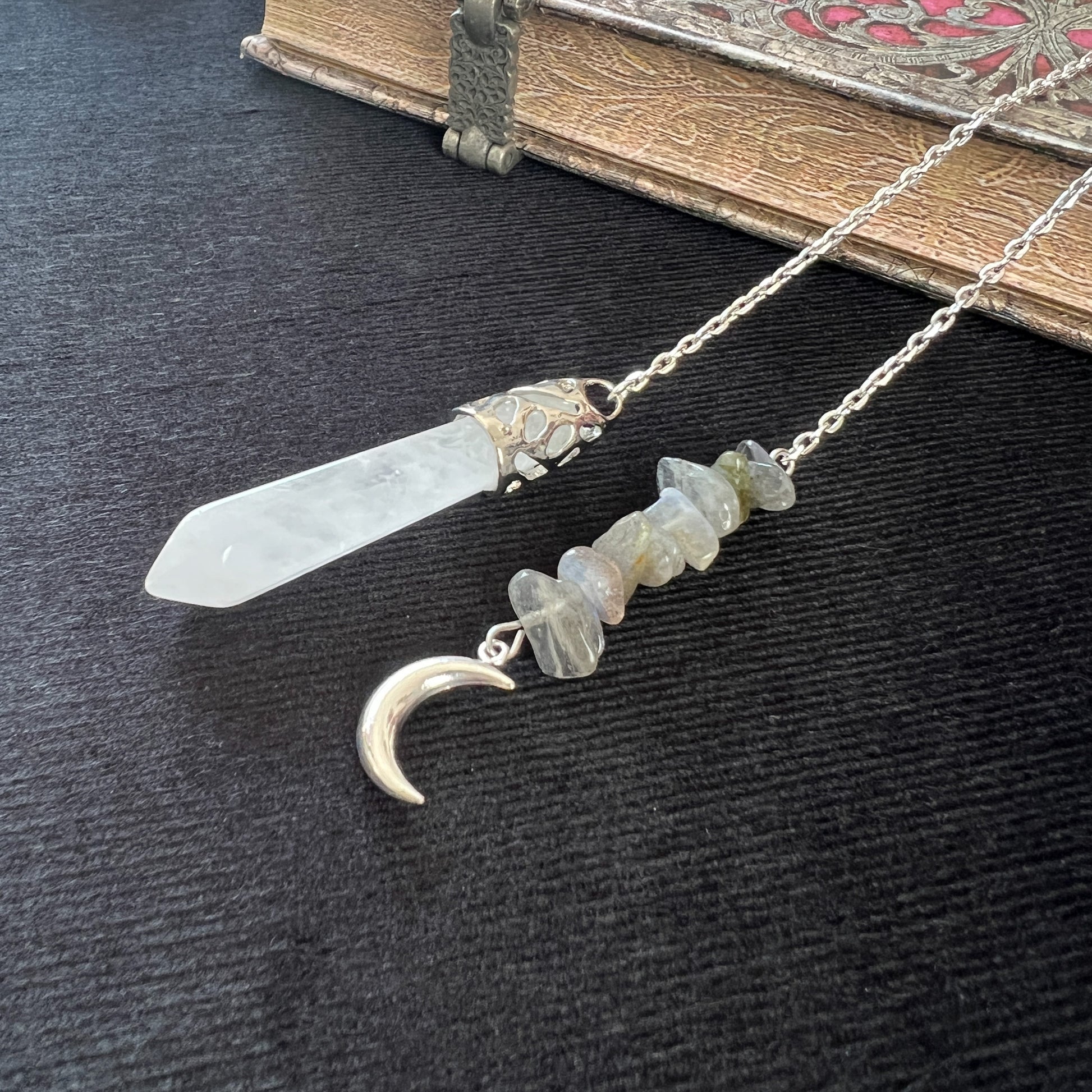 Gemstone pendulum quartz and labradorite Moon crescent dowsing divination tool for witchcraft fortune telling