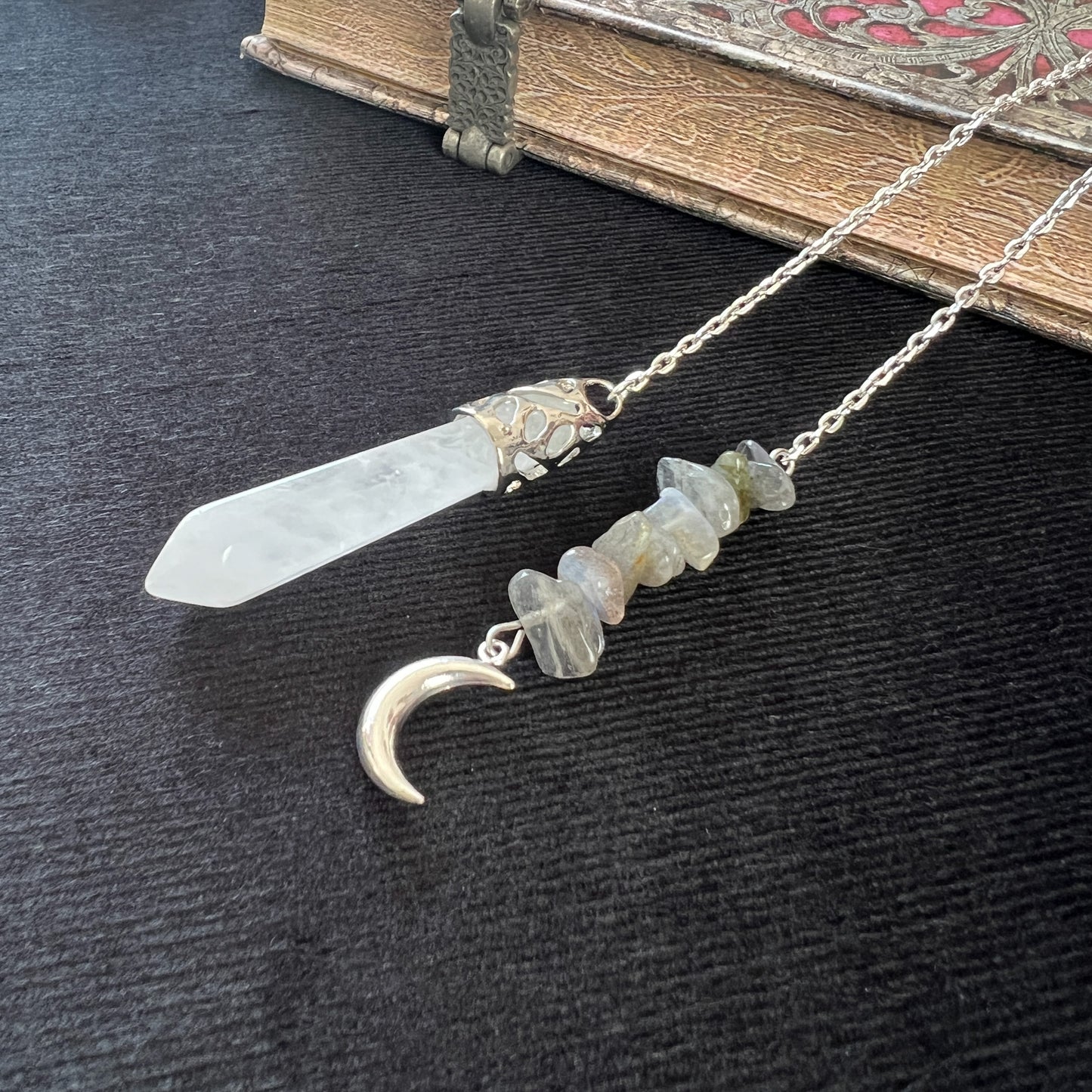 Clear quartz and labradorite Moon crescent dowsing pendulum Baguette Magick