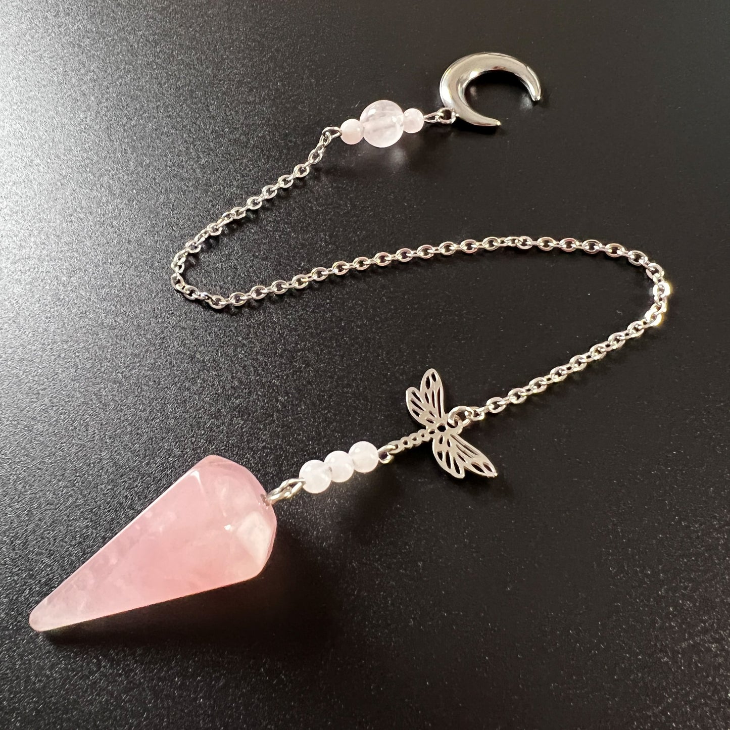 Rose quartz, stainless steel, Dragonfly and Moon crescent pendulum The French Witch shop