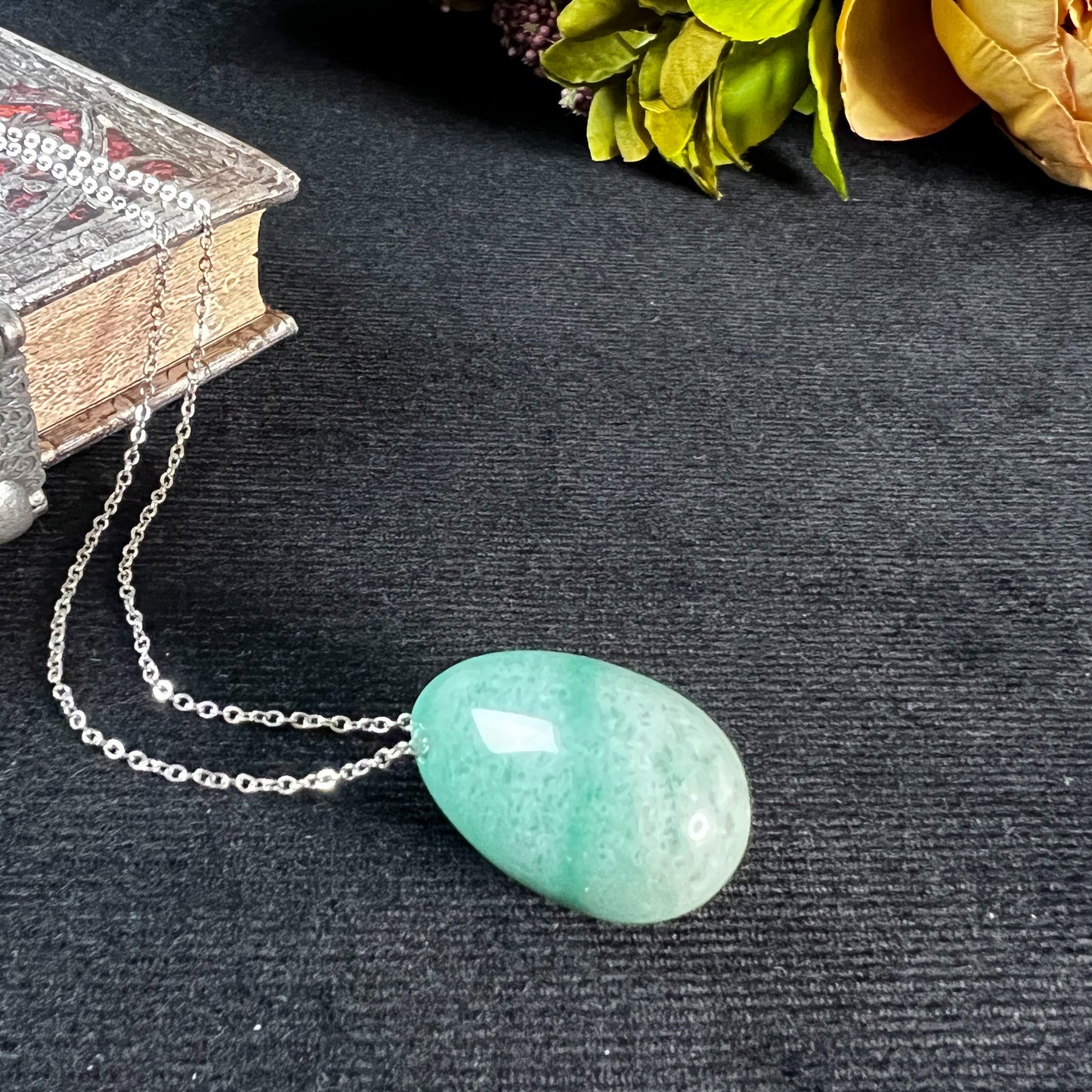 Aventurine gemstone egg and stainless steel necklace - The French Witch shop