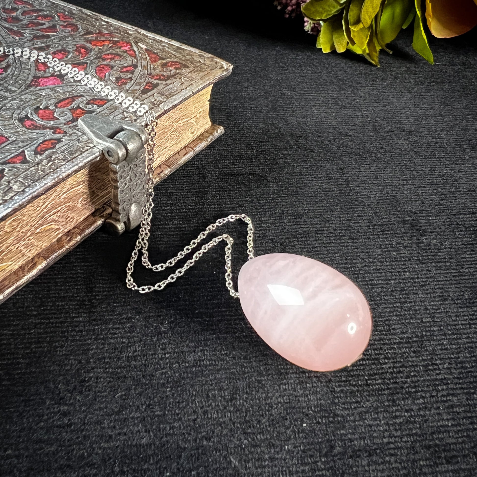 Rose quartz gemstone egg and stainless steel necklace The French Witch shop