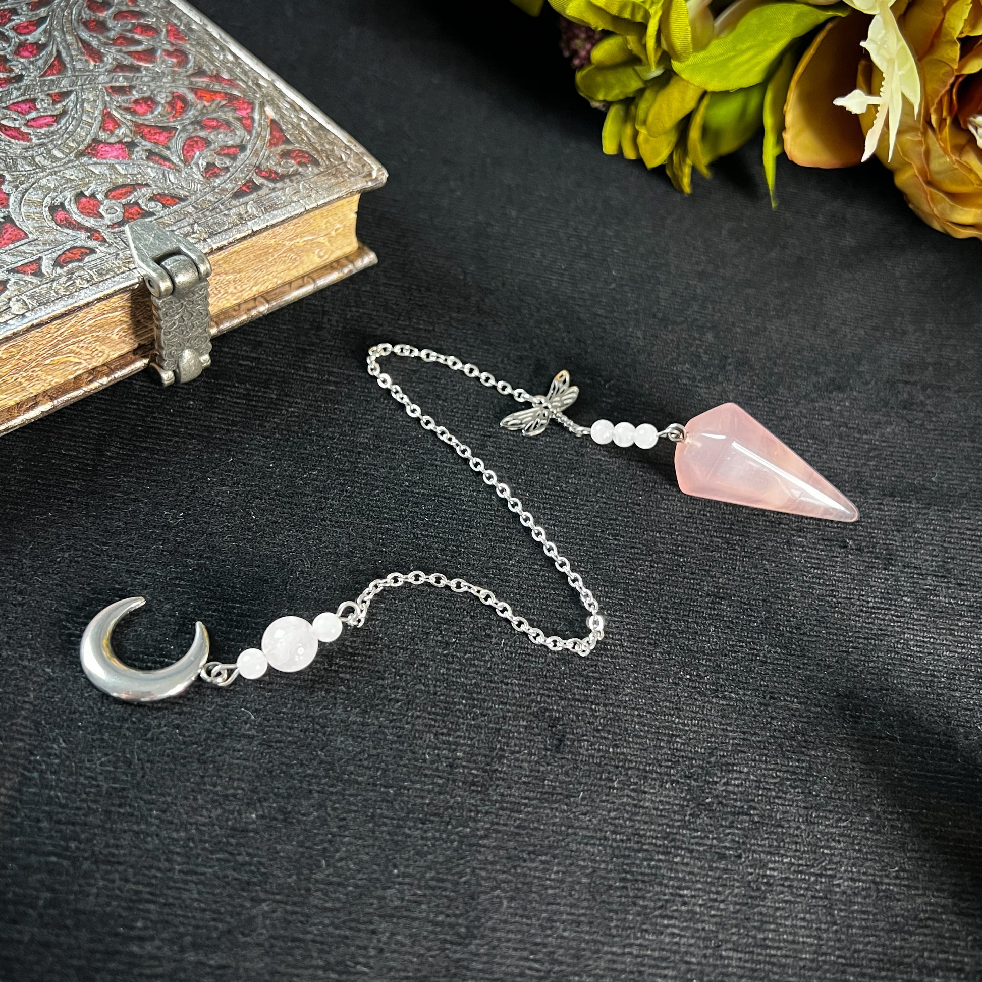 Rose quartz, stainless steel, Dragonfly and Moon crescent pendulum The French Witch shop