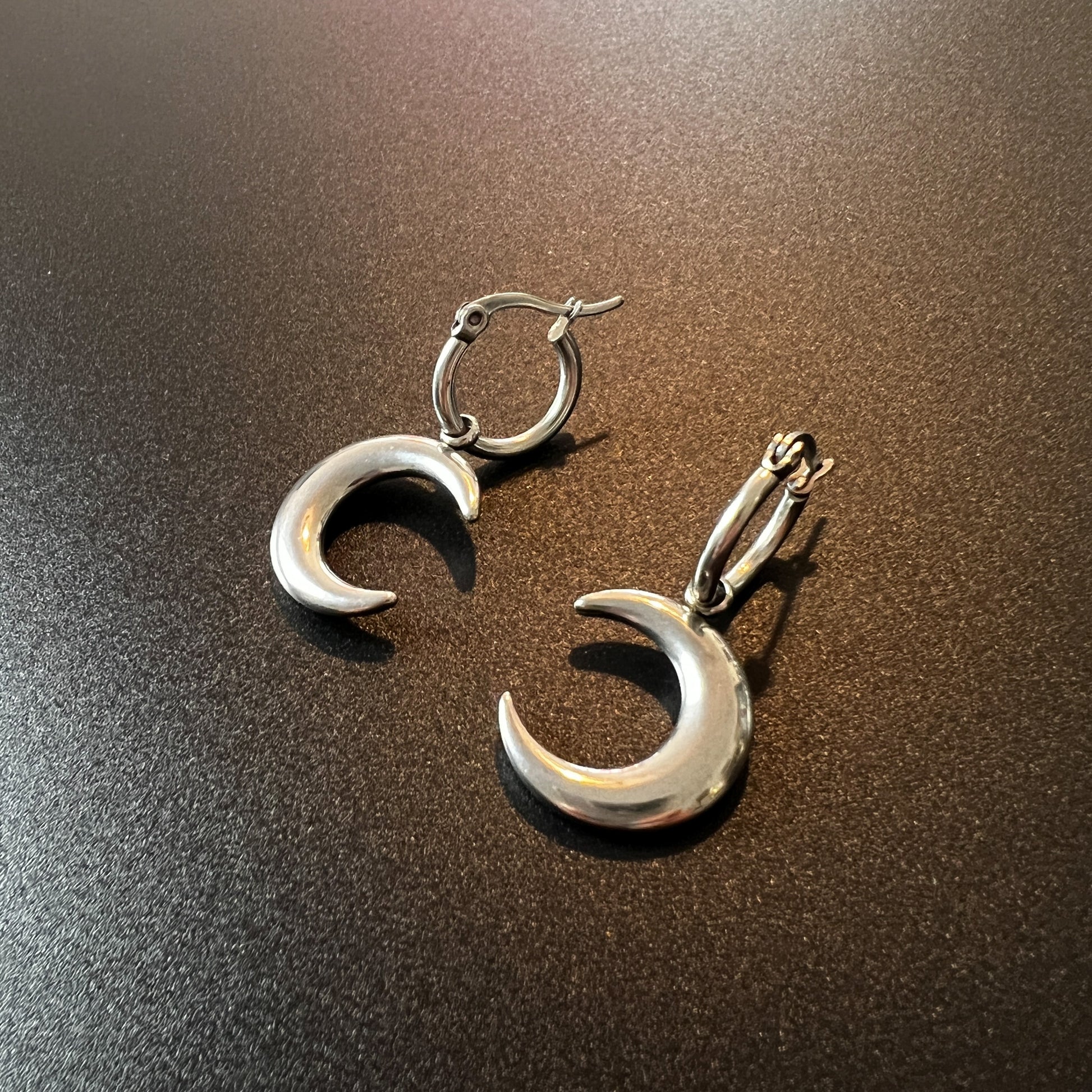 Crescent Moon pagan hoop earrings stainless steel Baguette Magick
