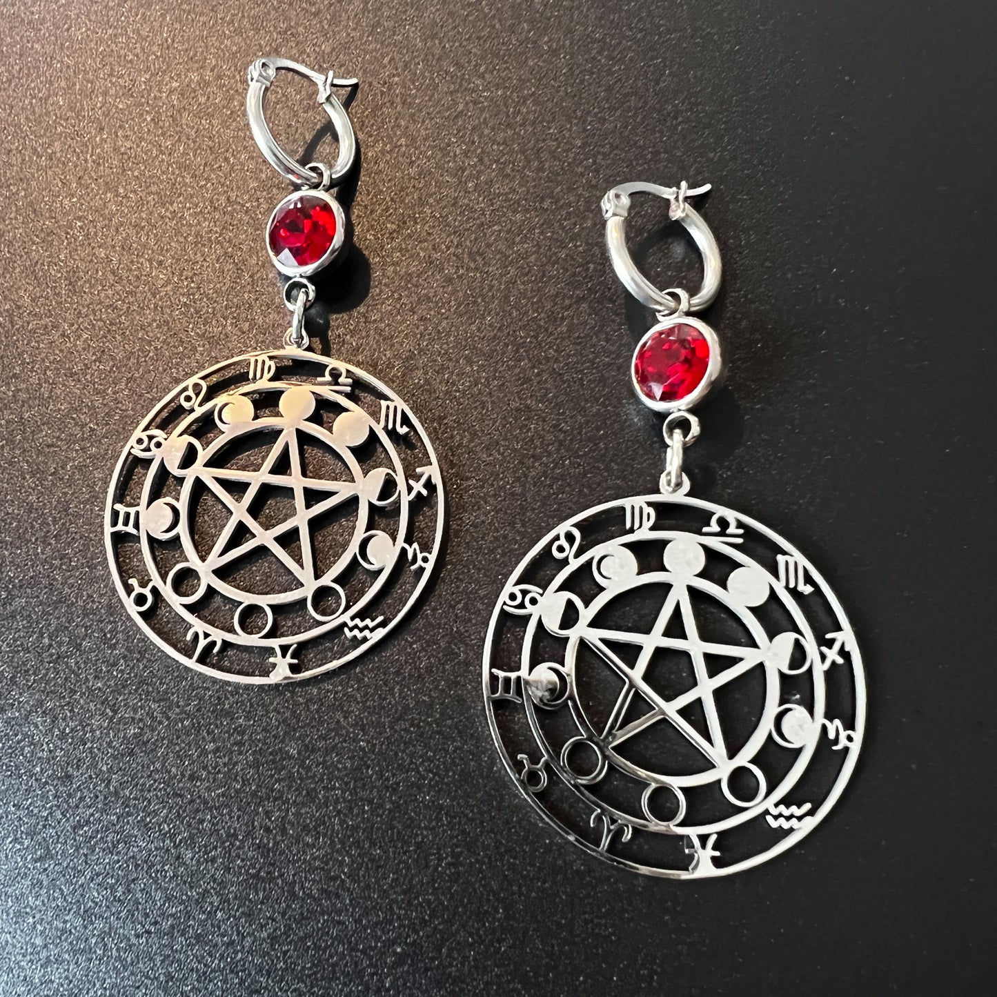 Pentacle, Moon phases and Zodiac signs red rhinestones earrings stainless steel The French Witch shop