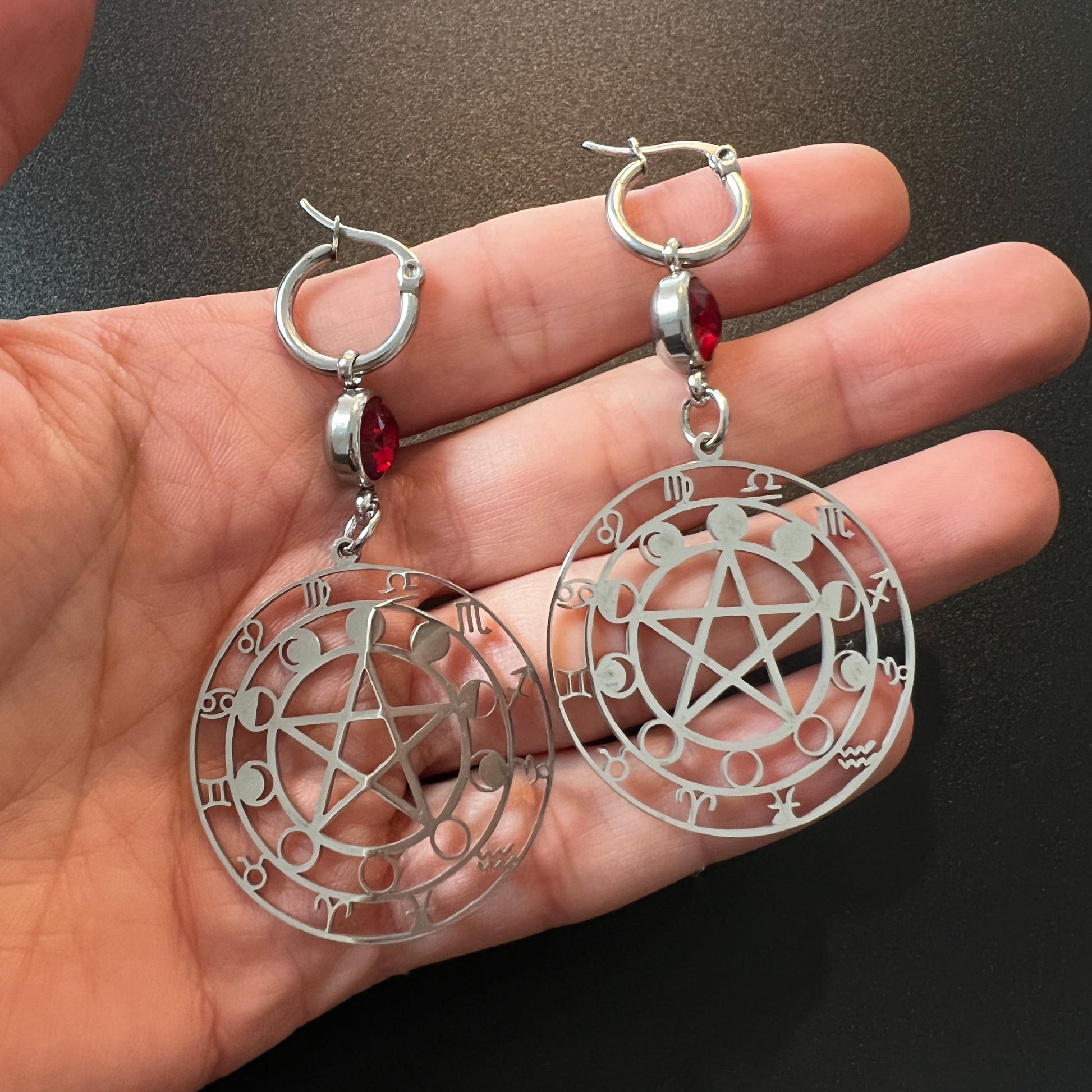 Pentacle, Moon phases and Zodiac signs red rhinestones earrings stainless steel The French Witch shop