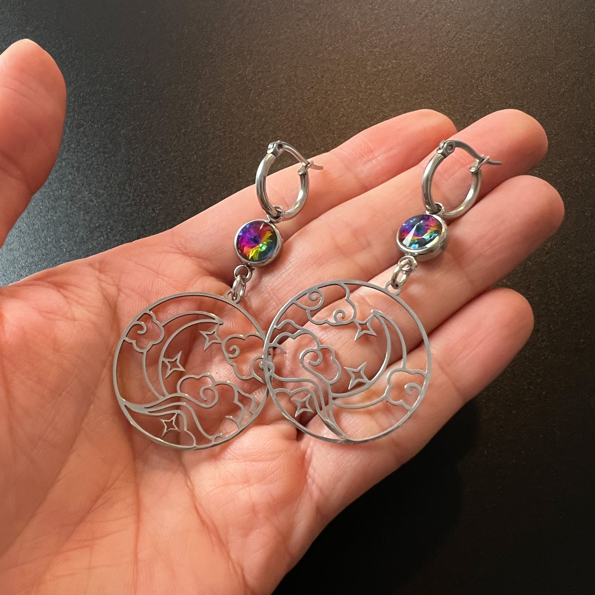 Night sky, crescent Moon and stars colorful rhinestones hoop earrings stainless steel The French Witch shop