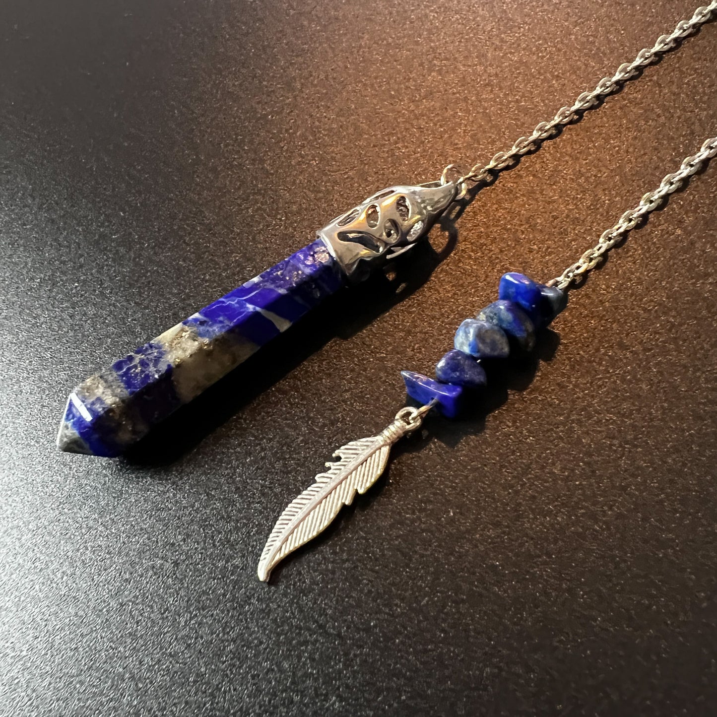 Lapis lazuli and feather charm pendulum Baguette Magick