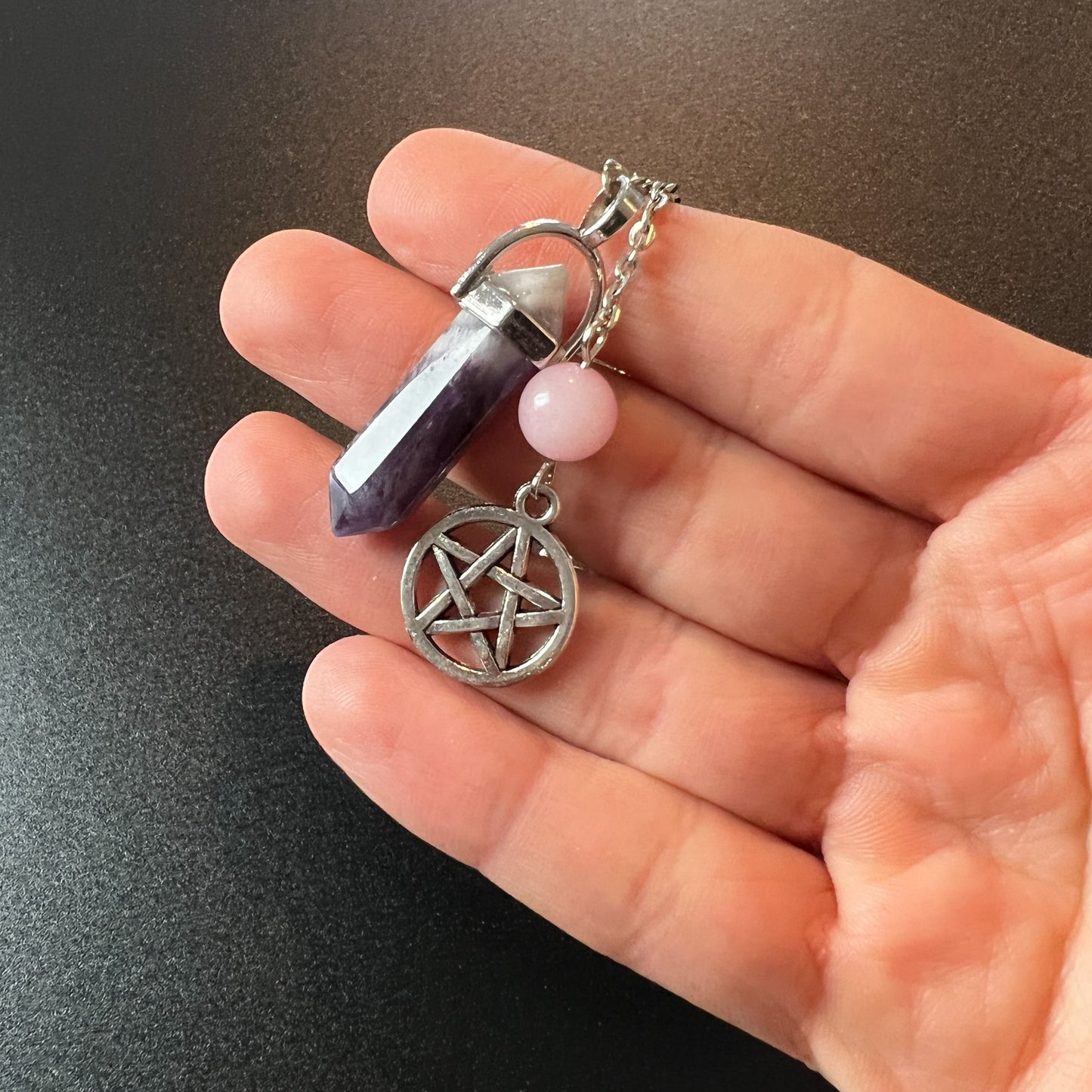 Amethyst, rose quartz and pentacle dowsing divination pendulum - The French Witch shop