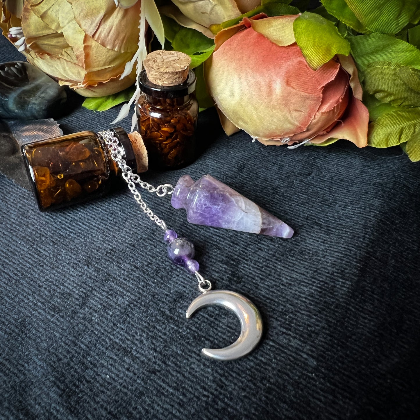 Amethyst and stainless steel Moon crescent pendulum Baguette Magick