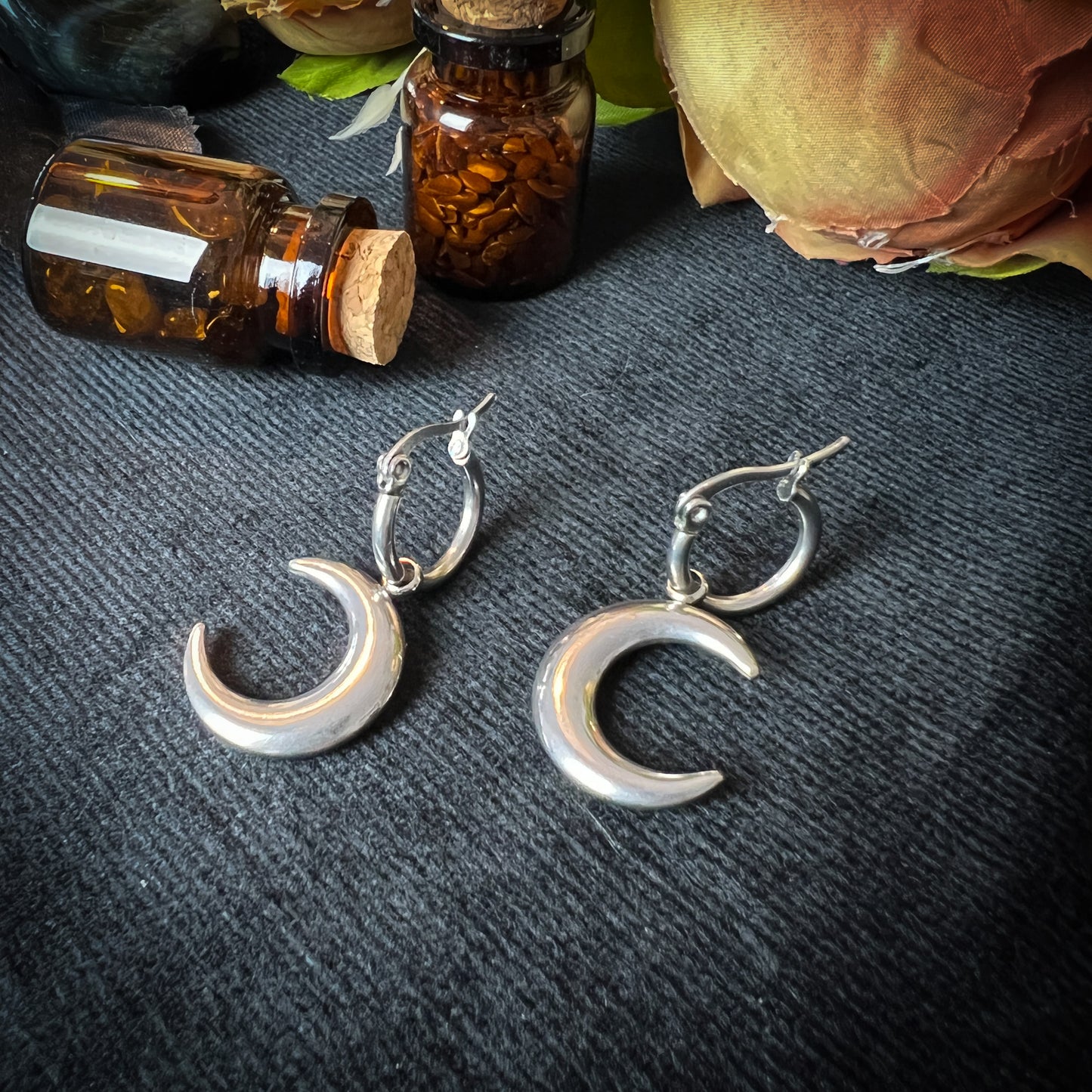 Crescent Moon pagan hoop earrings stainless steel Baguette Magick