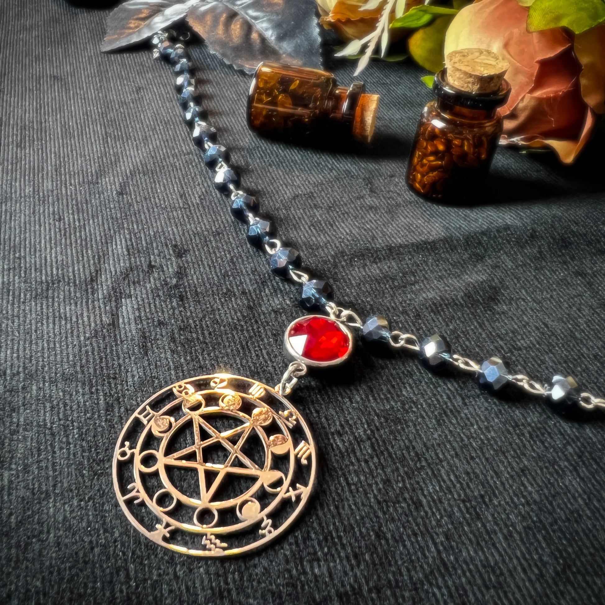 Pentacle, Moon phases and Zodiac signs rosary style choker Baguette Magick