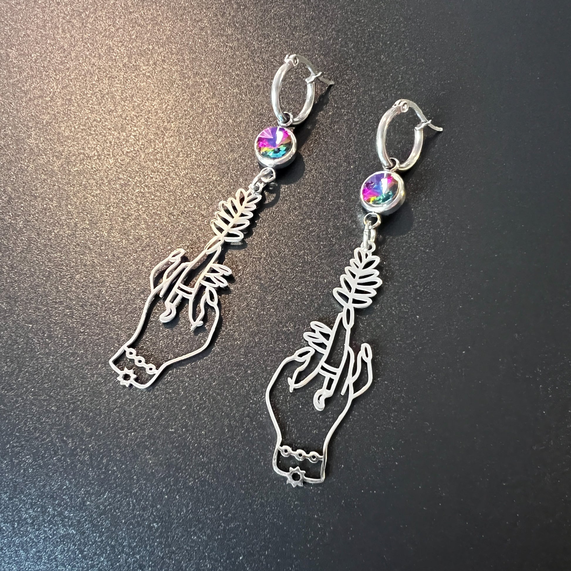 Witch hands and colorful rhinestones hoop earrings stainless steel The French Witch shop