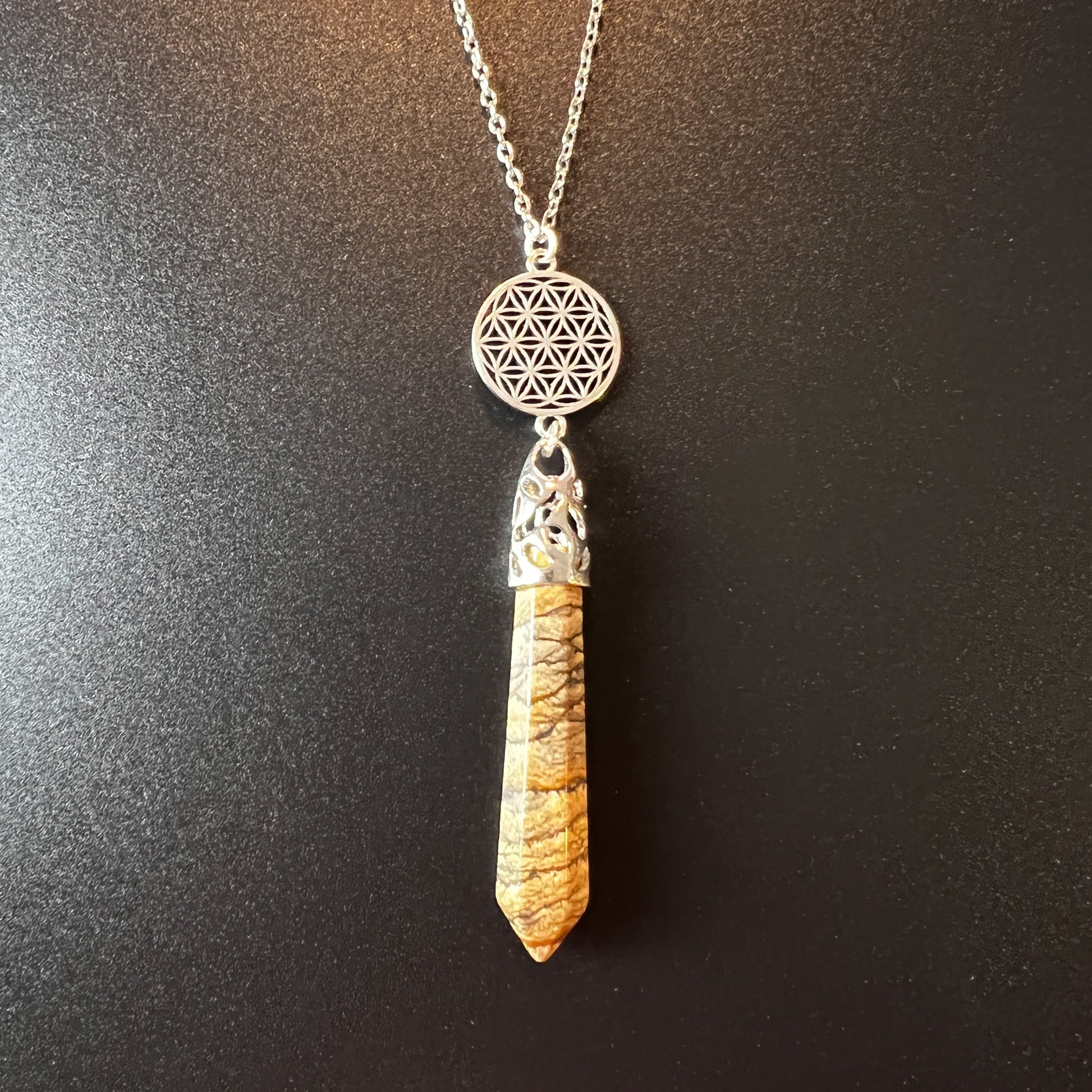 Picture jasper and flower of life divination pendulum necklace The French Witch shop
