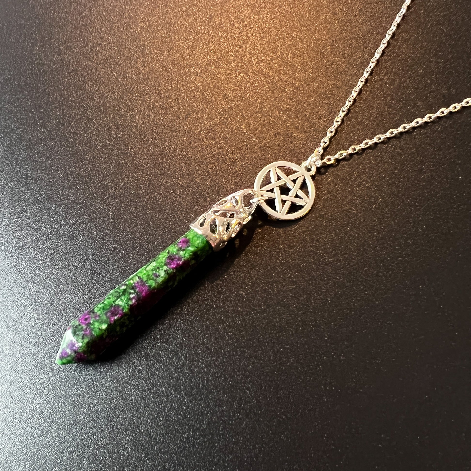 Ruby in Zoisite Anyolite crystal and pentacle divination necklace The French Witch shop