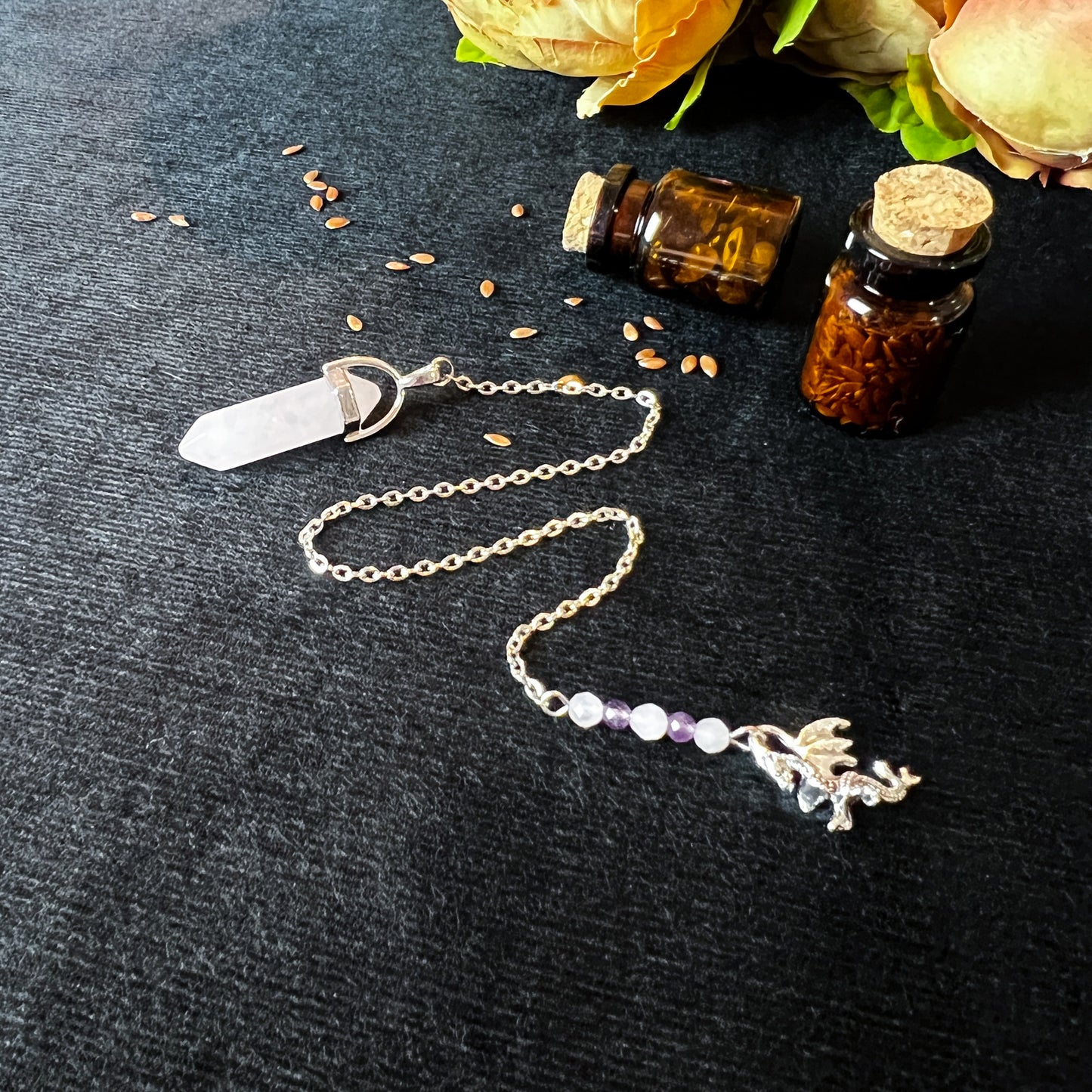 Rose quartz and amethyst dragon dowsing pendulum The French Witch shop
