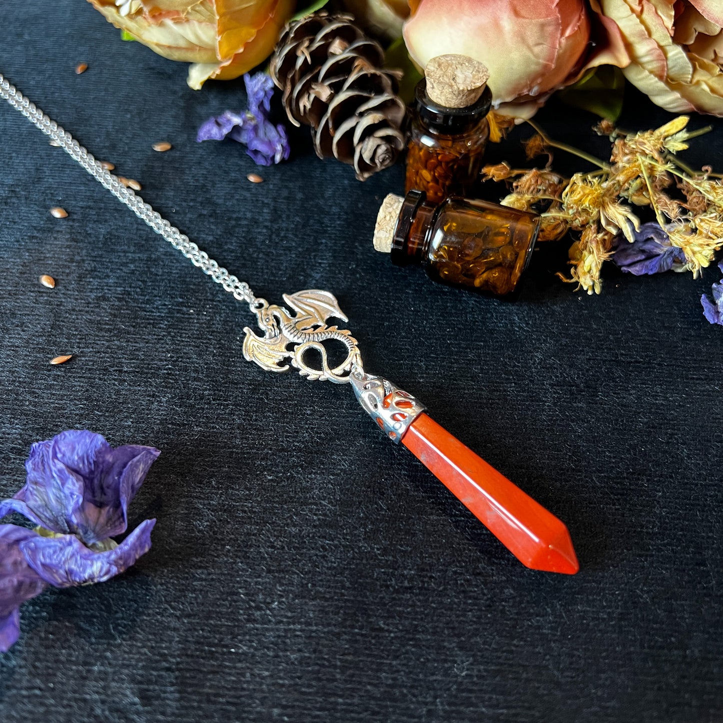 Red jasper and dragon divination pendulum necklace The French Witch shop
