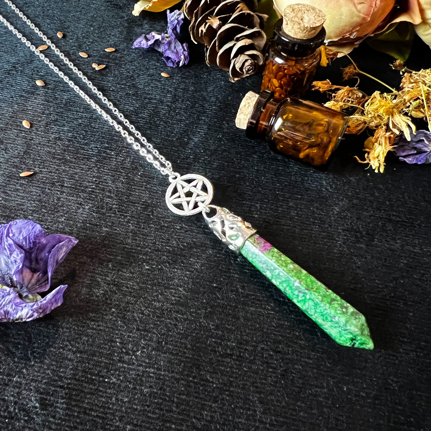 Ruby in Zoisite Anyolite crystal and pentacle divination necklace The French Witch shop