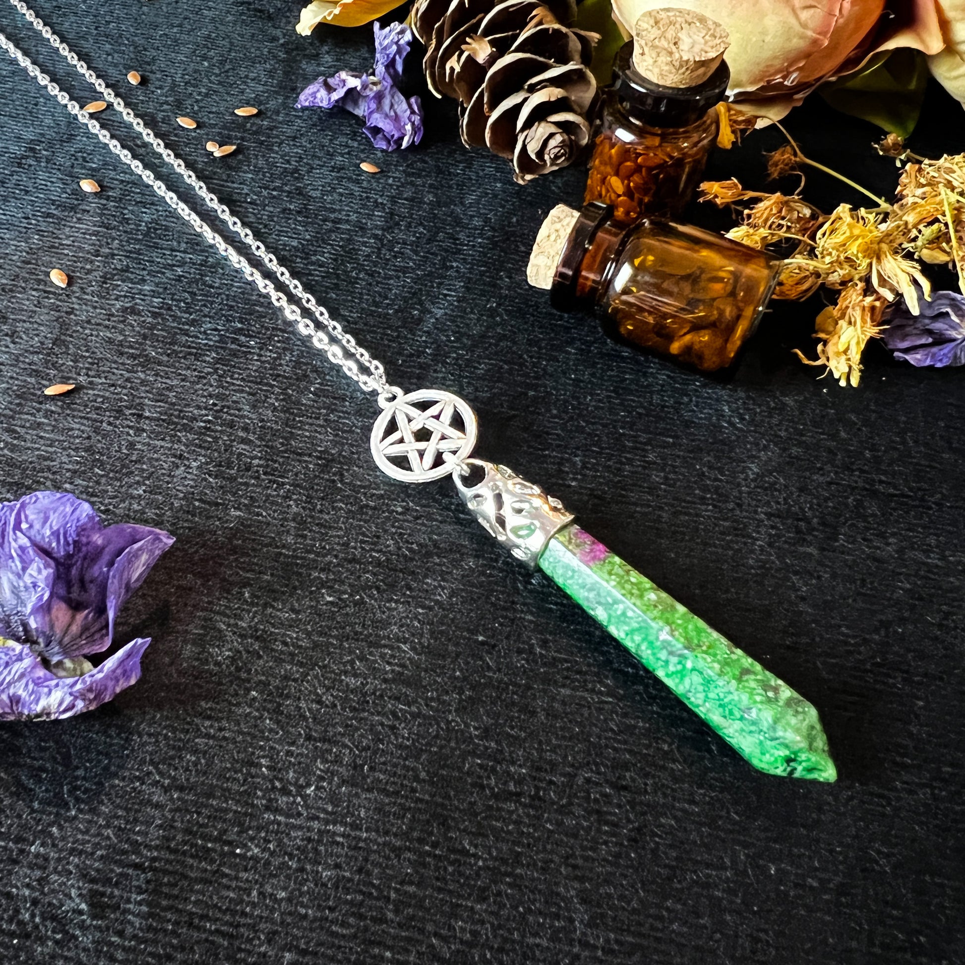 Ruby in Zoisite Anyolite crystal and pentacle divination necklace Baguette Magick