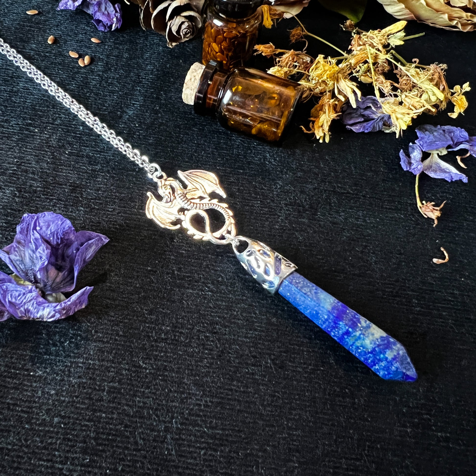 Lapis lazuli and dragon divination pendulum necklace Baguette Magick