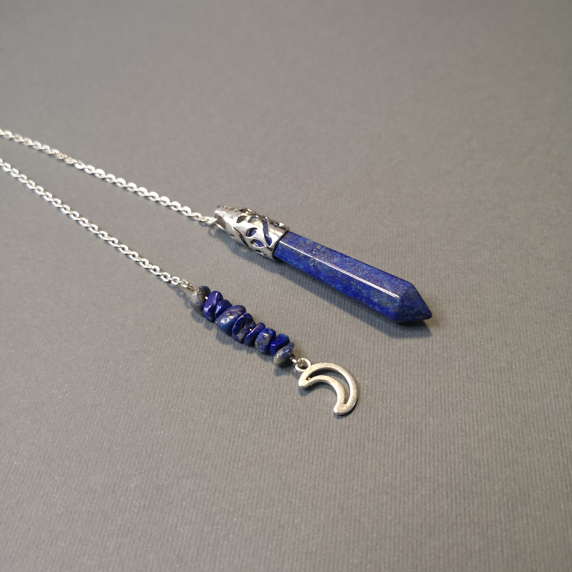 Lapis lazuli and crescent moon charm pendulum