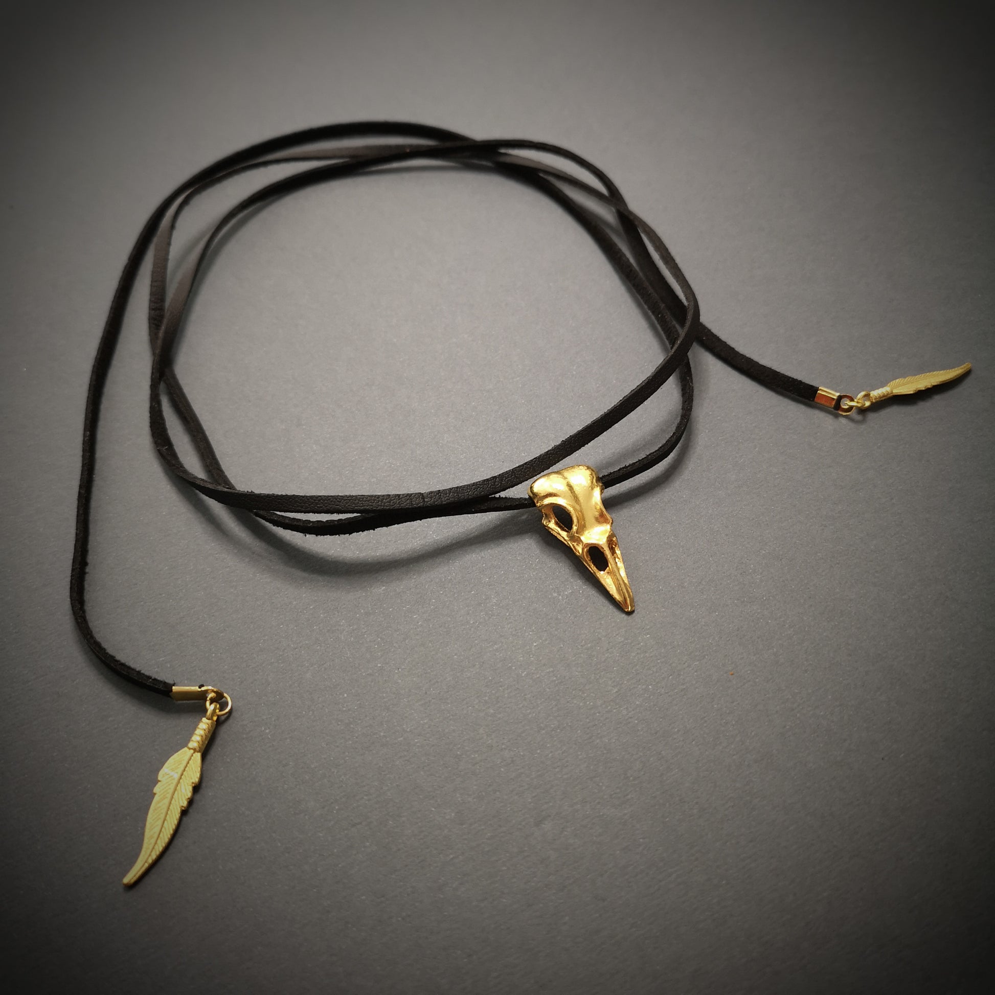 Golden wrap bird skull faux suede choker The French Witch shop