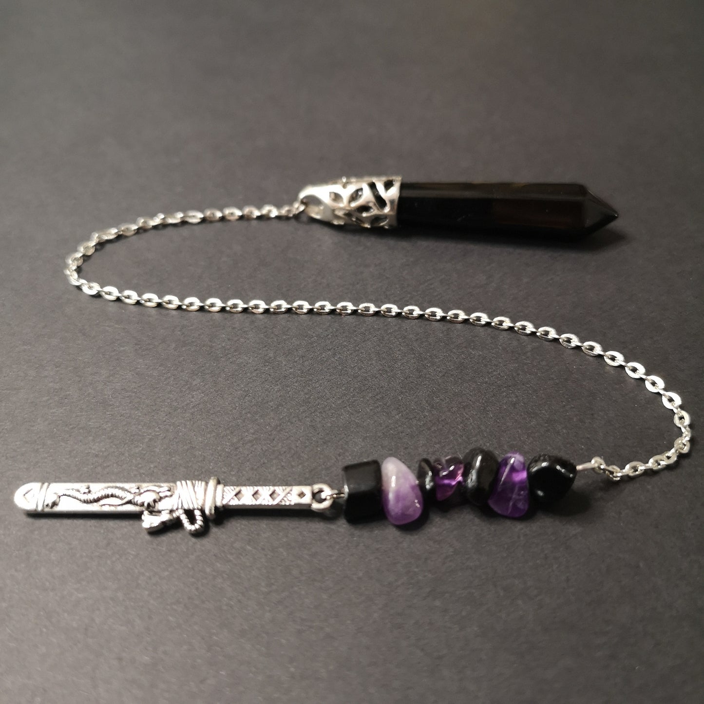 Onyx, obsidian and amethyst pendulum with a tanto dagger charm Baguette Magick
