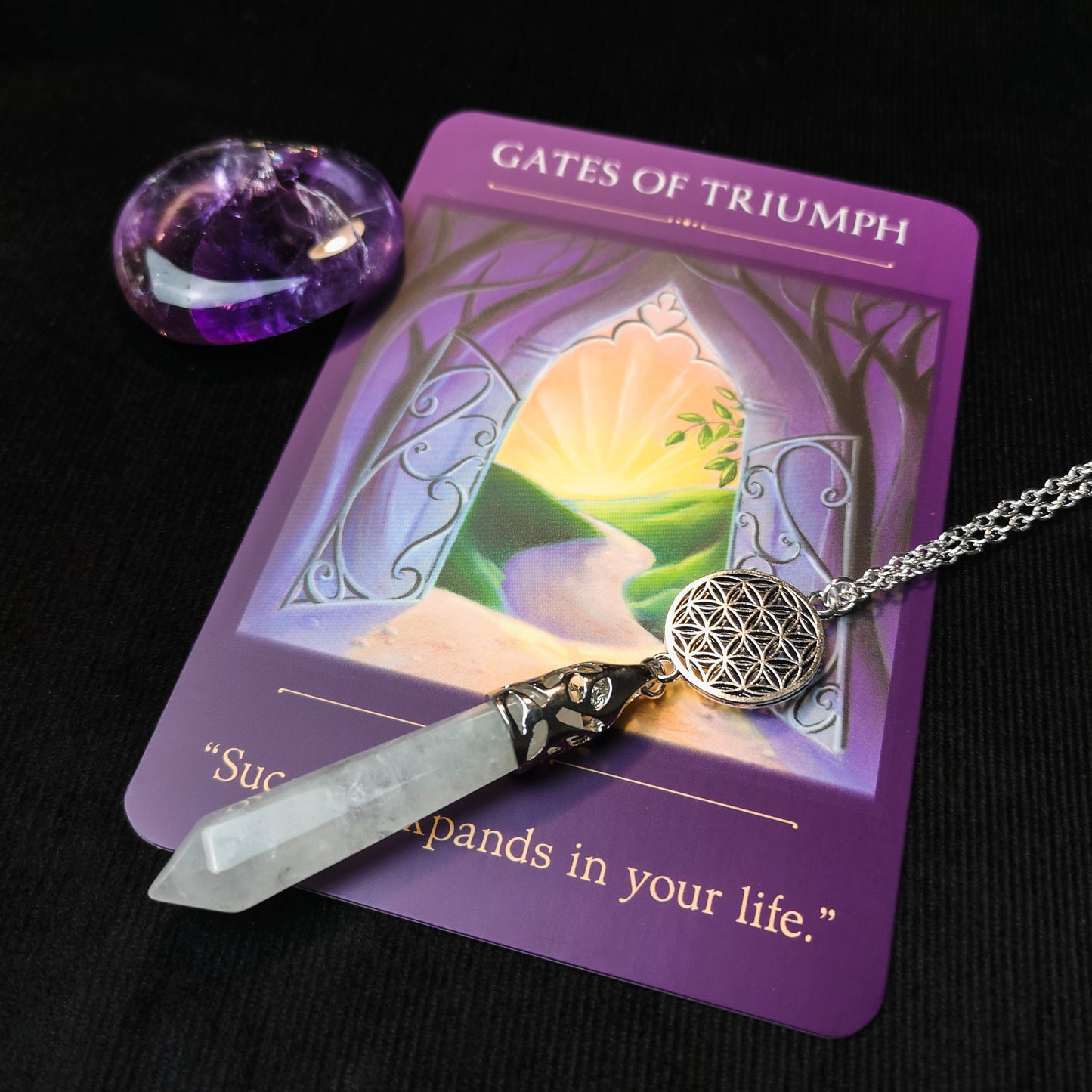 Quartz crystal flower of life pendulum necklace Baguette Magick