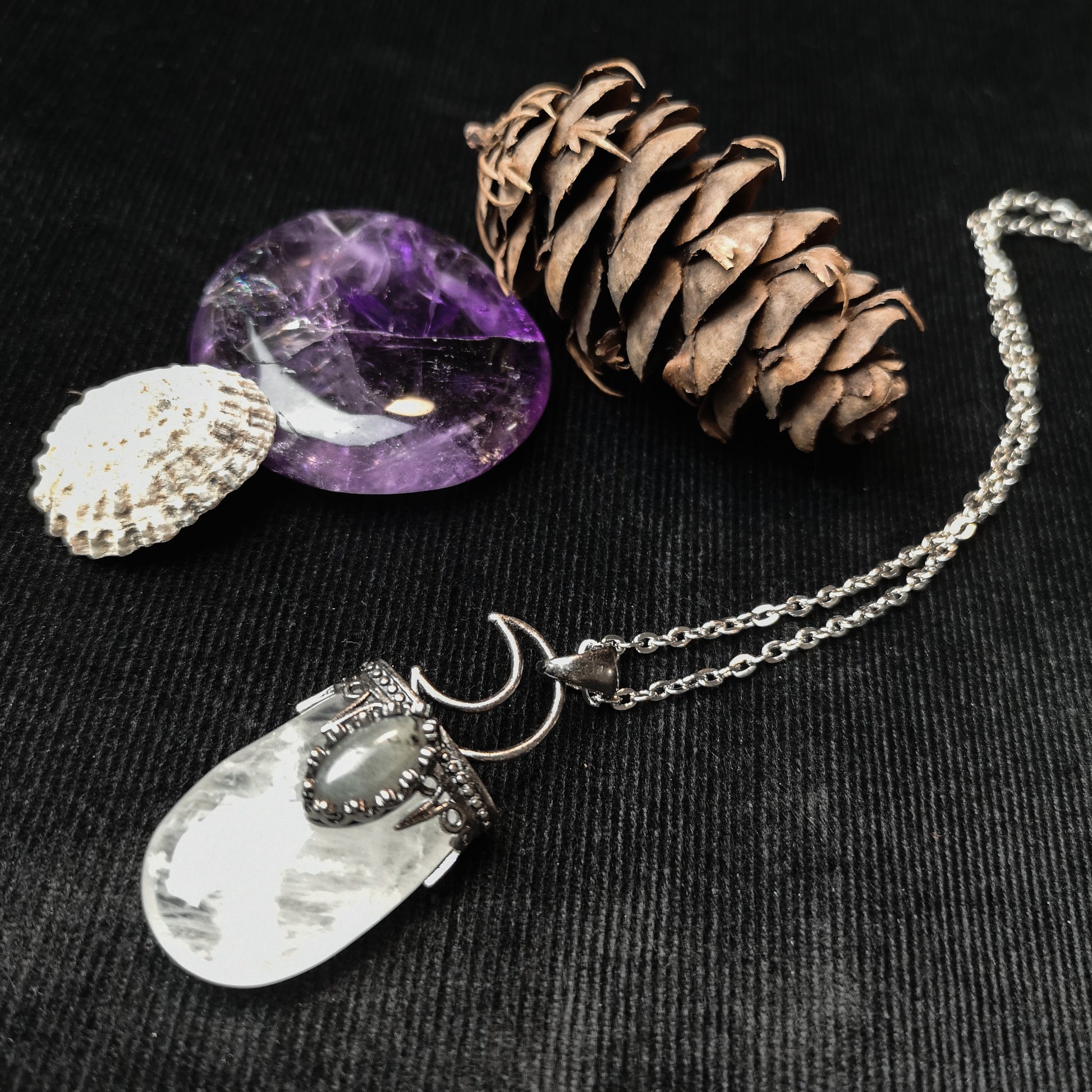 Crescent moon quartz and labradorite witchy necklace Baguette Magick