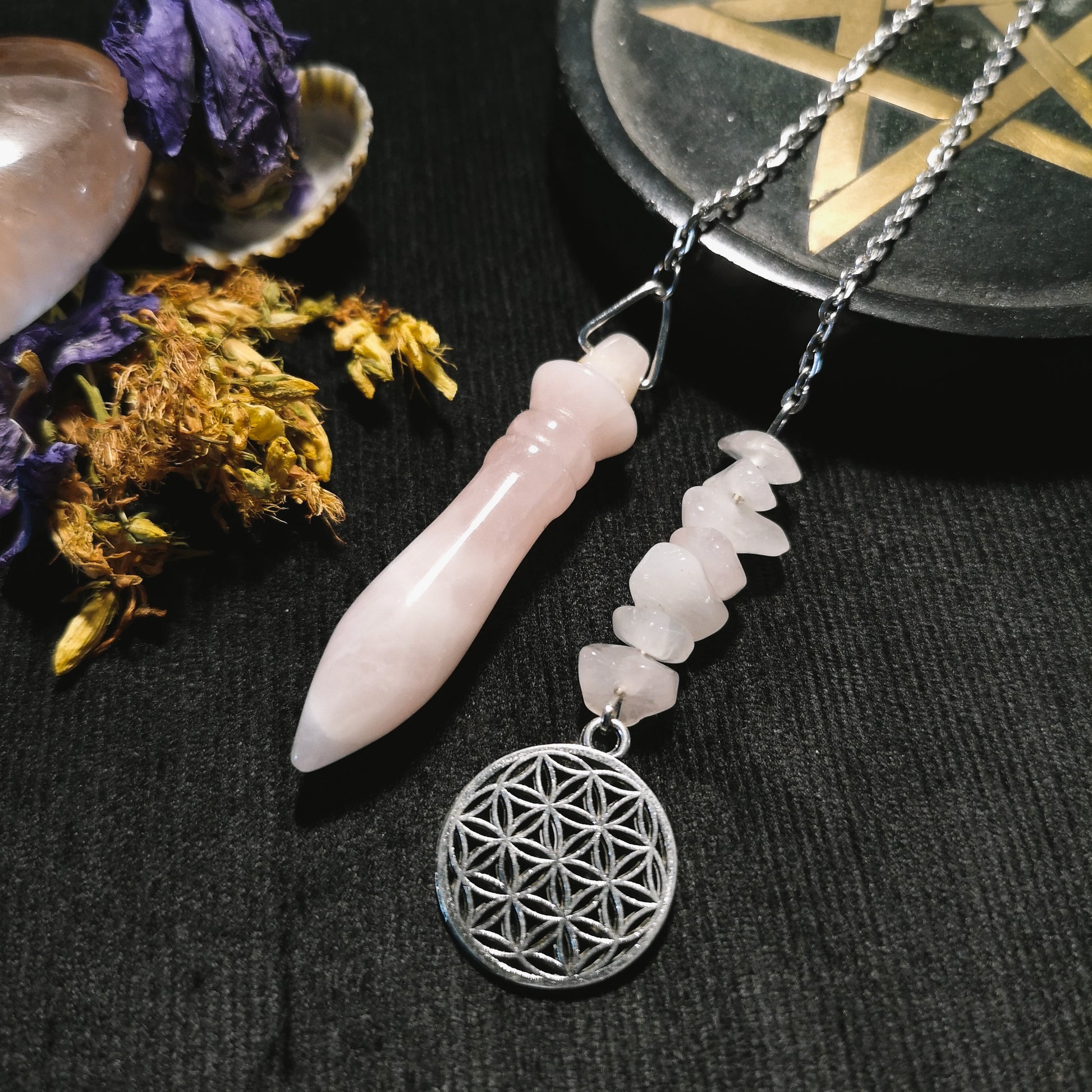 Egyptian Thot pendulum rose quartz and flower of life Baguette Magick