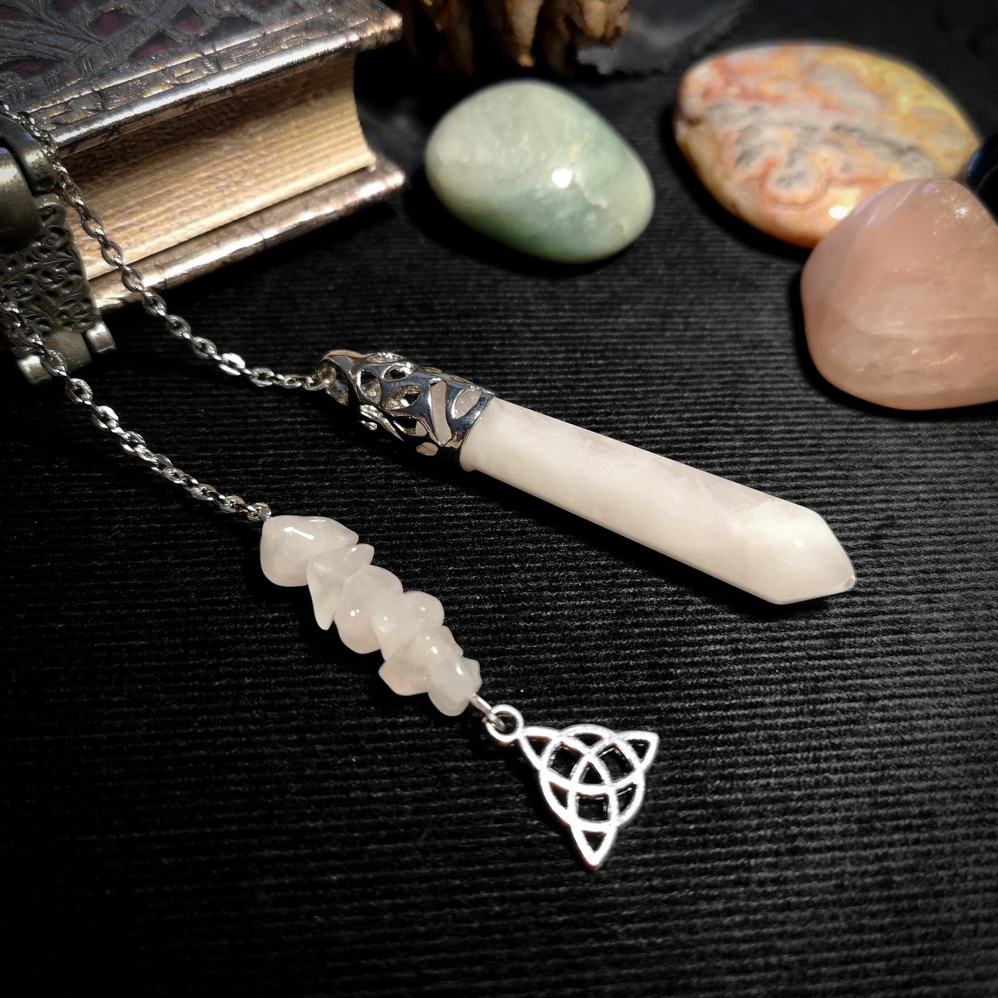 rose quartz celtic knot triquetra dowsing pendulum for divination baguette magick