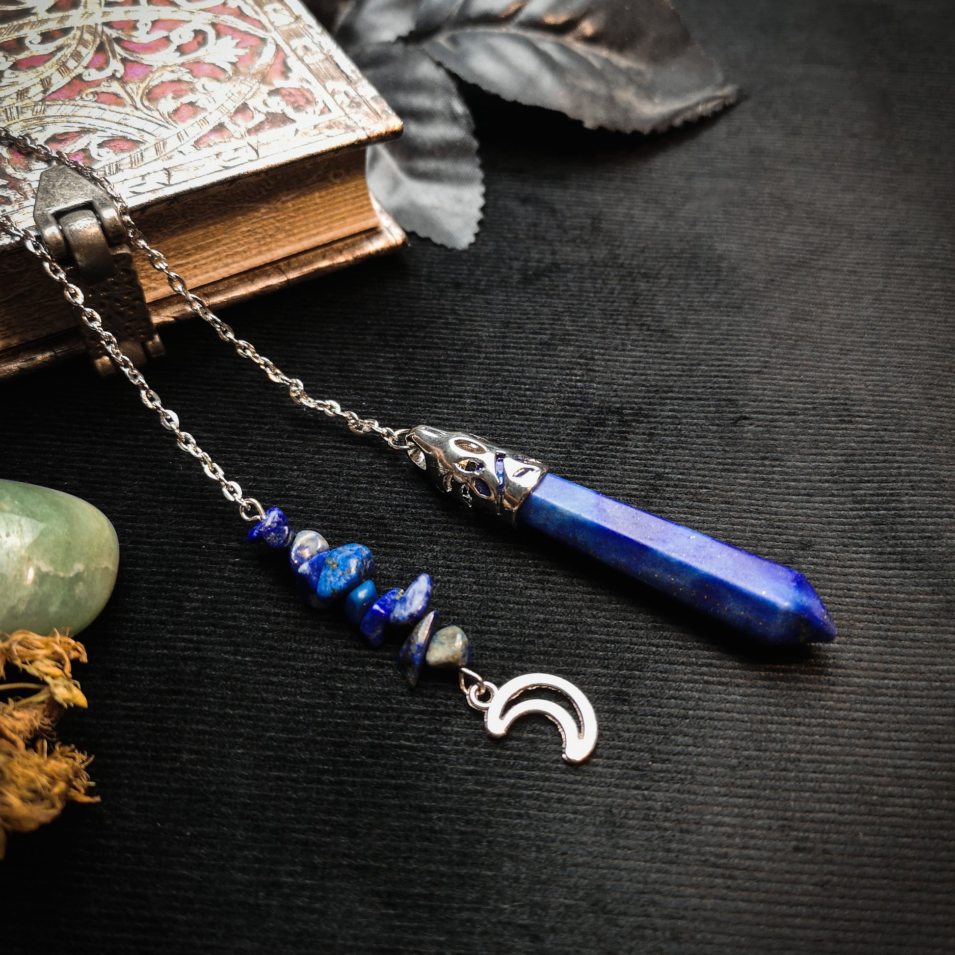 Lapis lazuli and crescent moon charm pendulum Baguette Magick