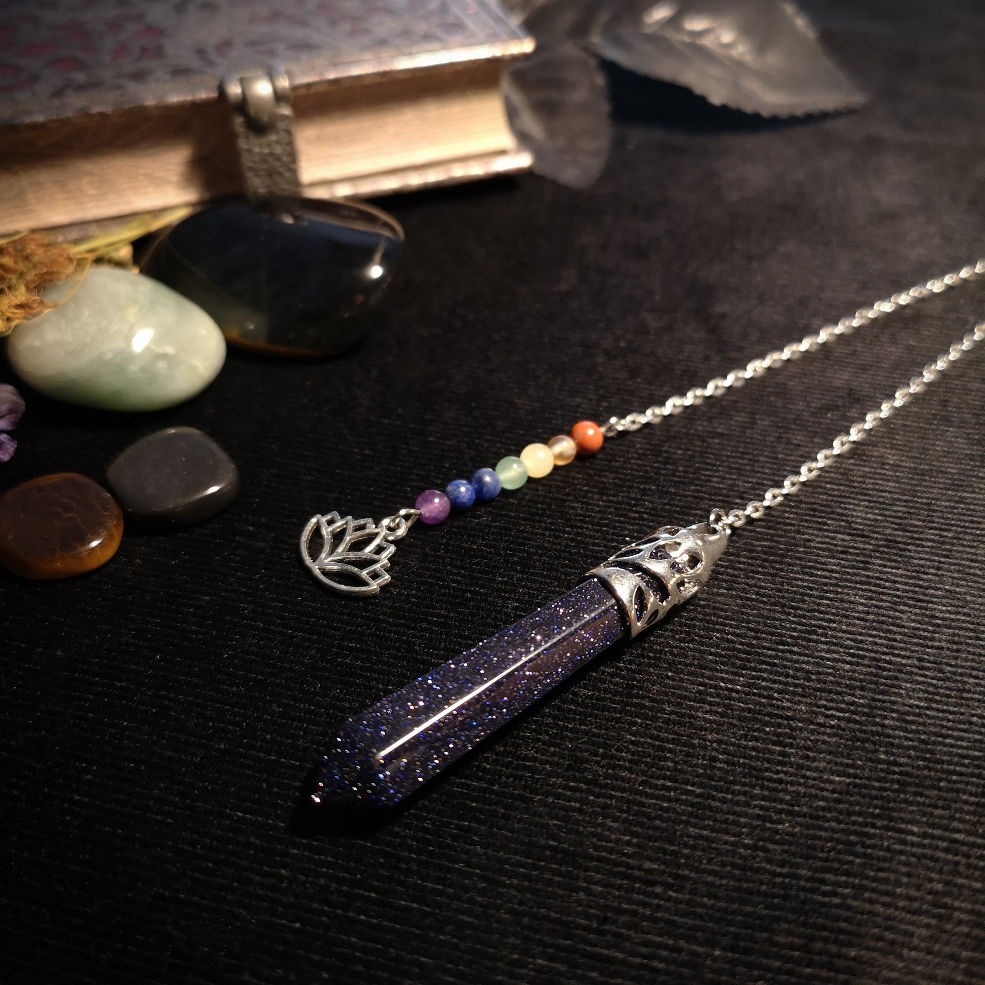 7 chakras blue sandstone pendulum with a lotus charm - The French Witch shop