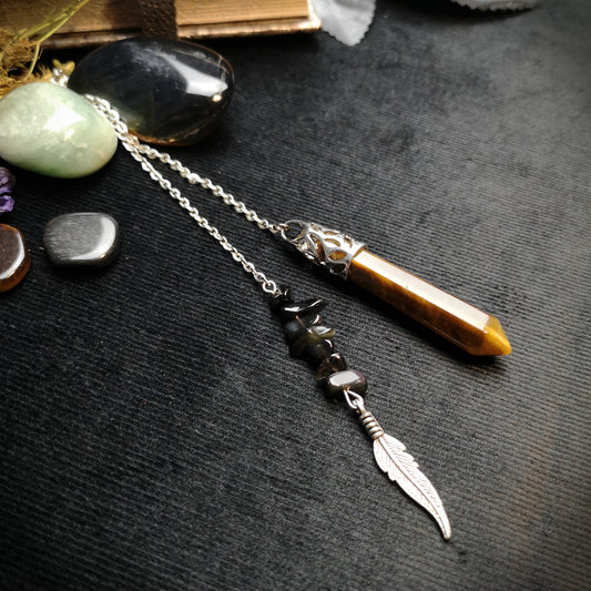 Tiger eye, obsidian and feather pendulum