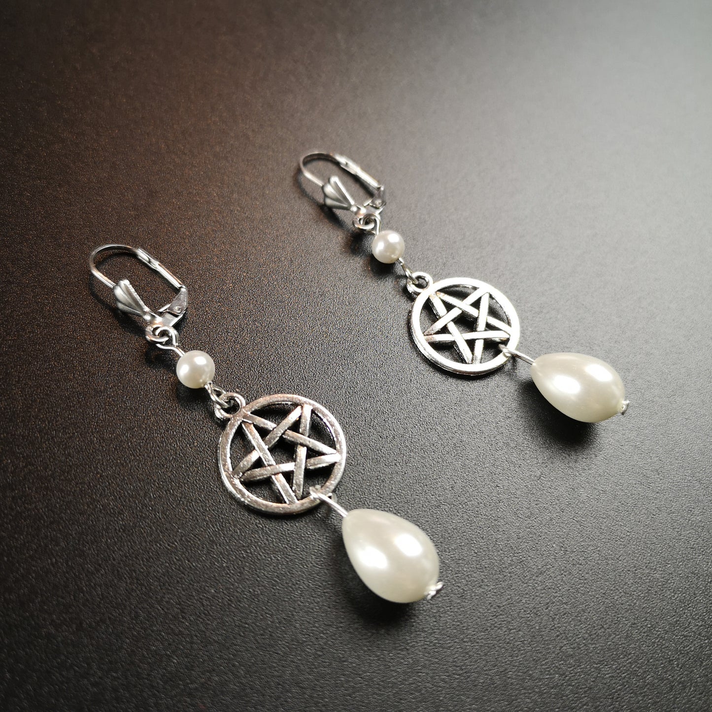 Victorian Edwardian pentacle and pearls teardrop earrings Baguette Magick