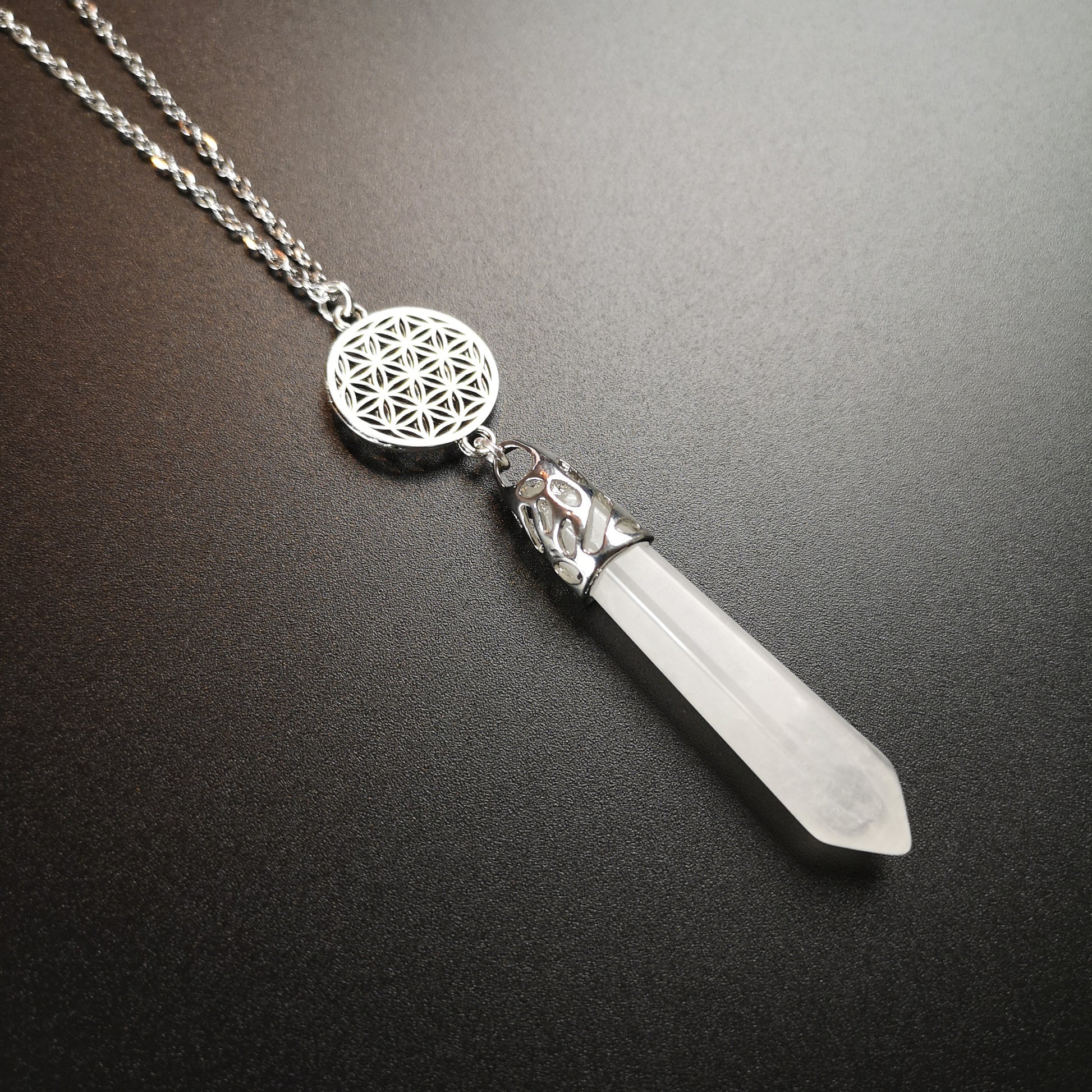 Quartz crystal flower of life pendulum necklace