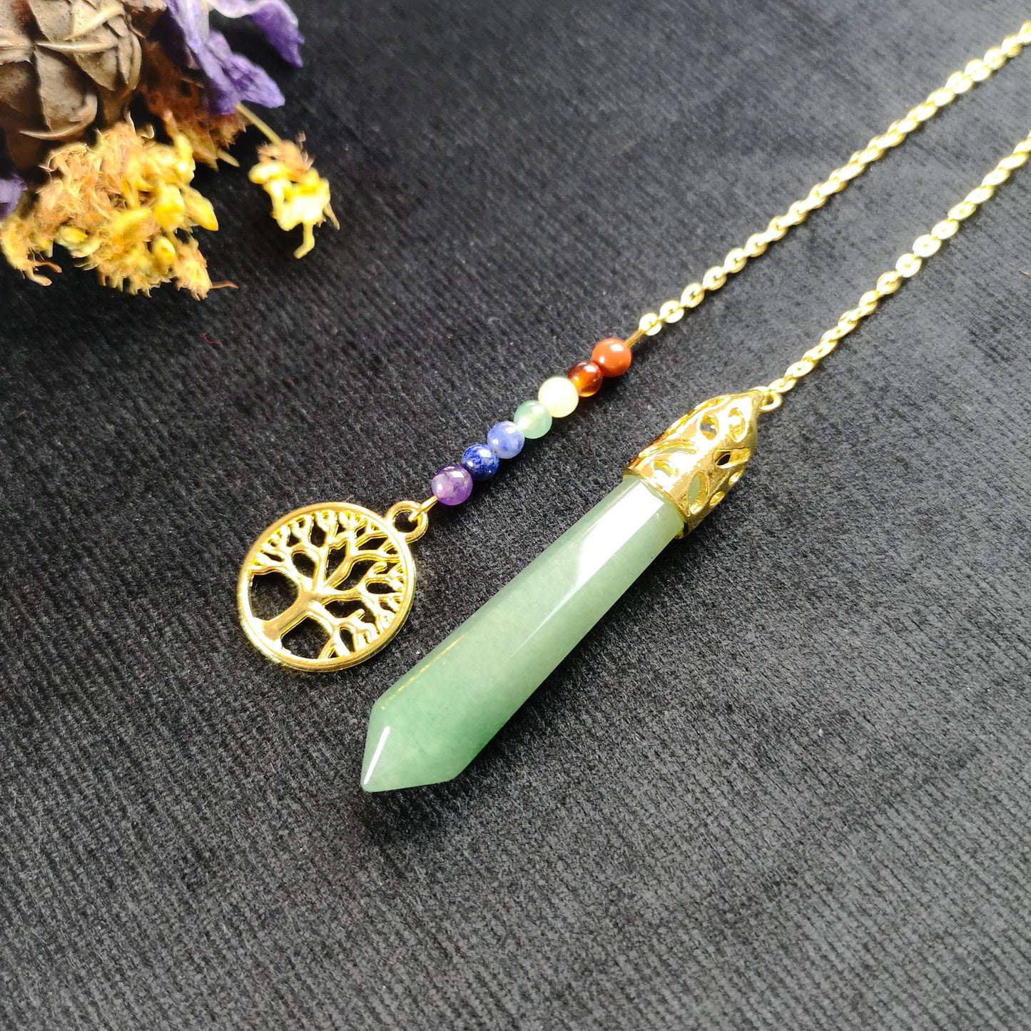 7 chakras aventurine golden pendulum with a tree of life - The French Witch shop