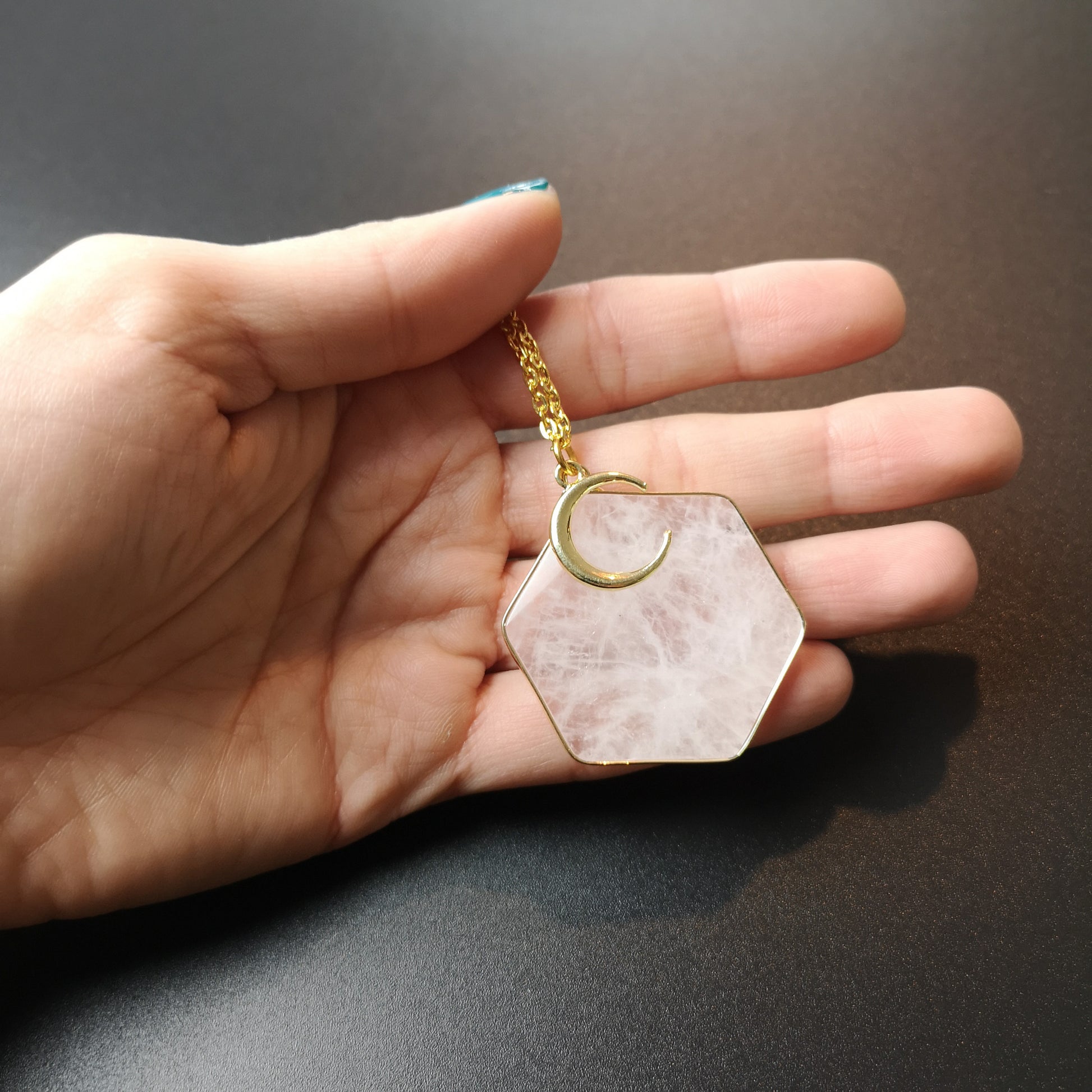 Quartz hexagon and crescent Moon golden necklace The French Witch shop