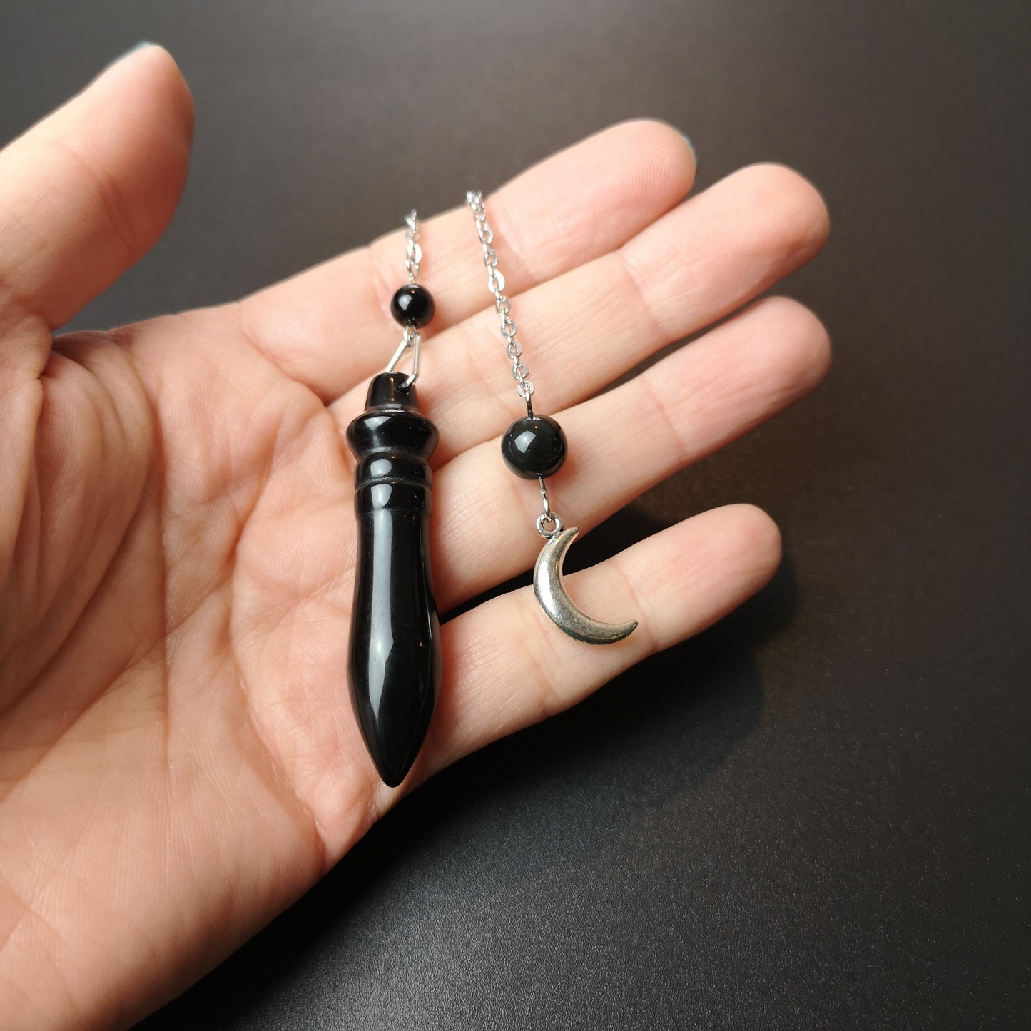 Egyptian Thot pendulum black agate, obsidian and crescent Moon Baguette Magick