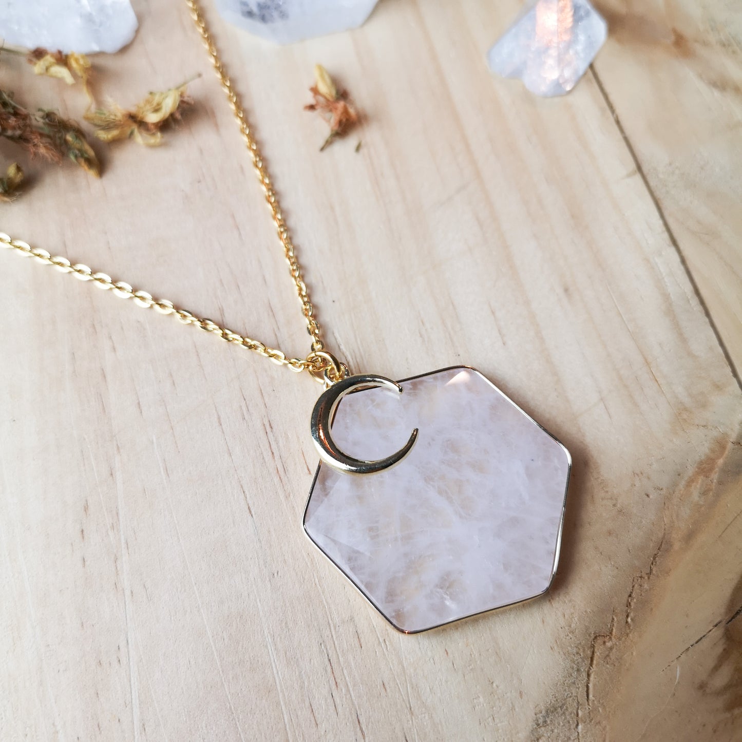 Quartz hexagon and crescent Moon golden necklace The French Witch shop