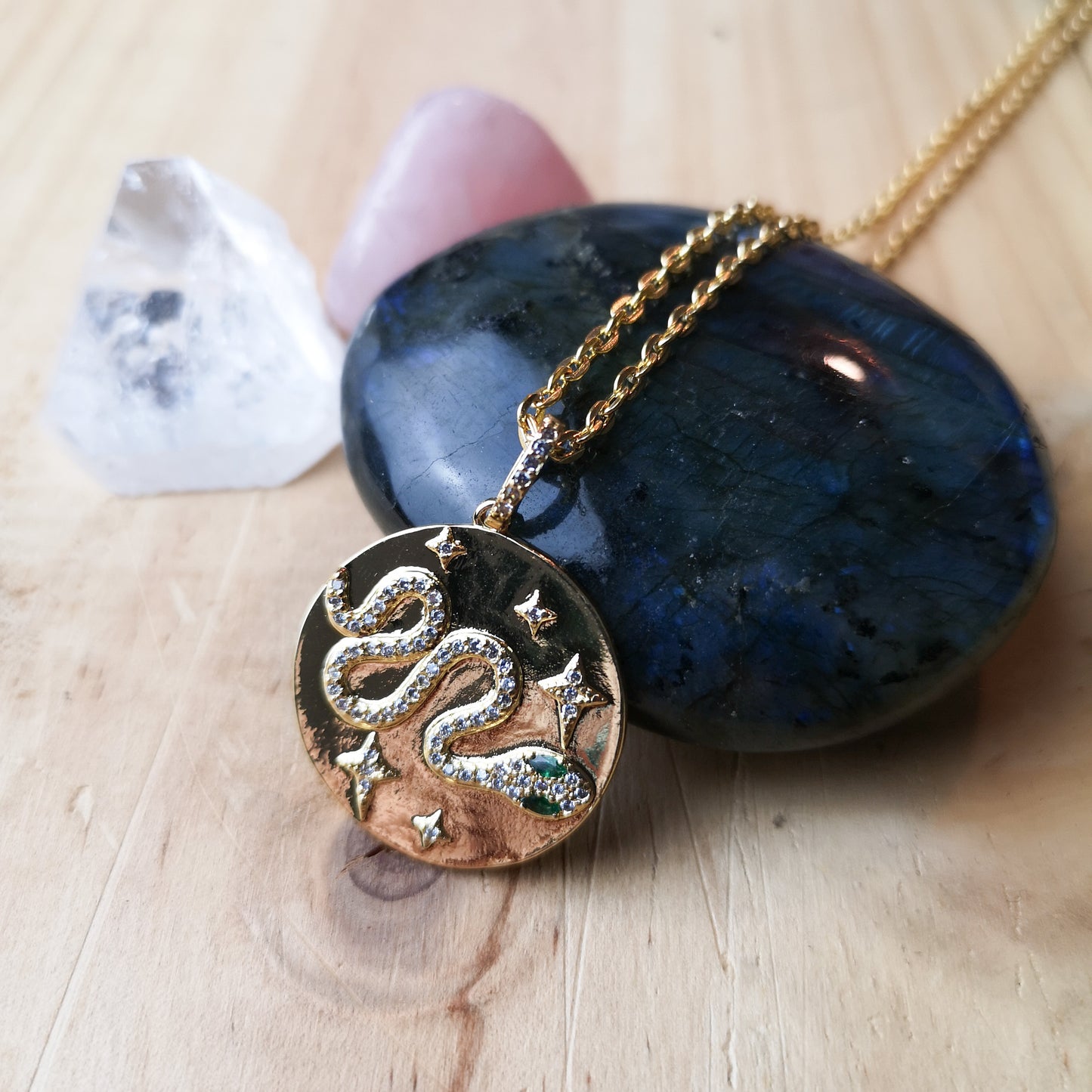 Golden snake amulet necklace with zircon The French Witch shop
