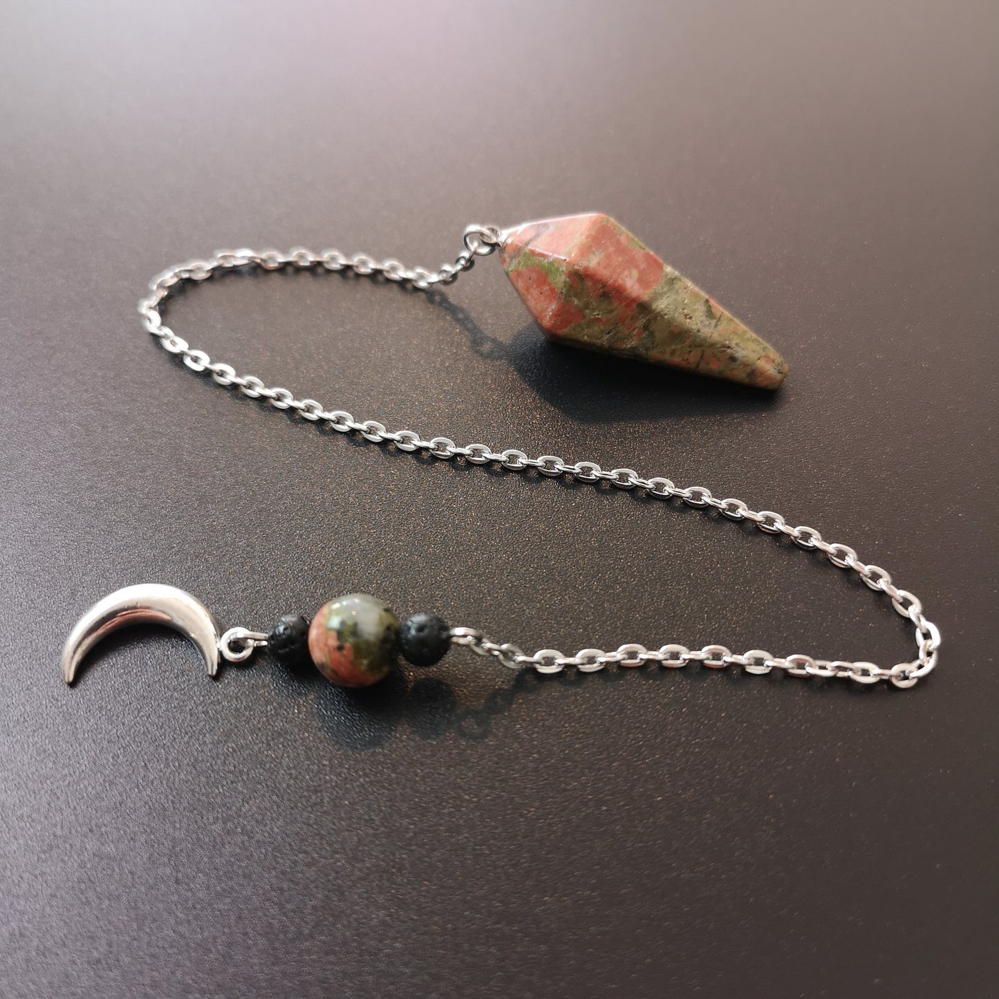 Unakite and lava rock Moon crescent pendulum Baguette Magick