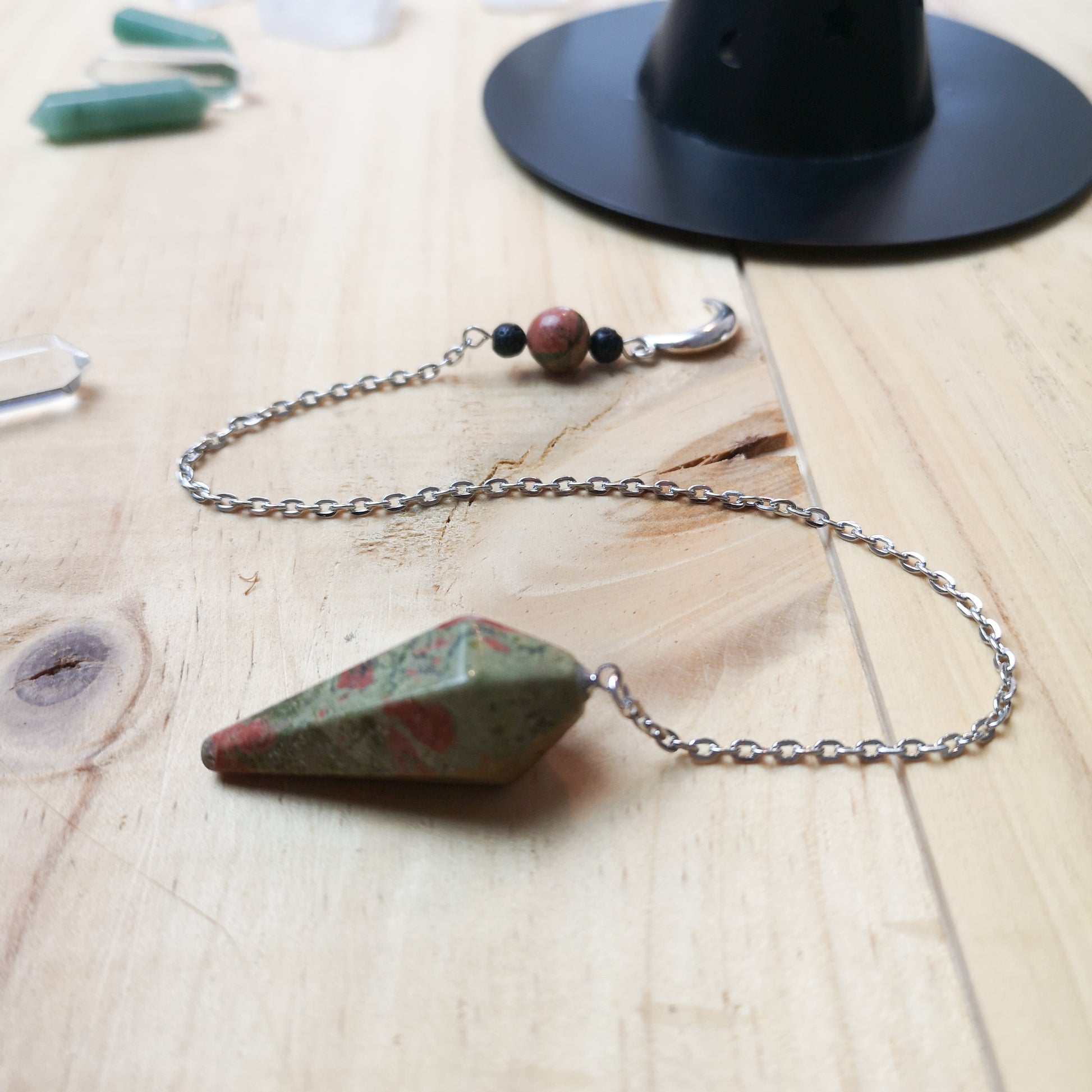 Unakite and lava rock Moon crescent pendulum The French Witch shop