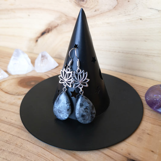 Larvikite and lotus spiritual teardrop earrings The French Witch shop