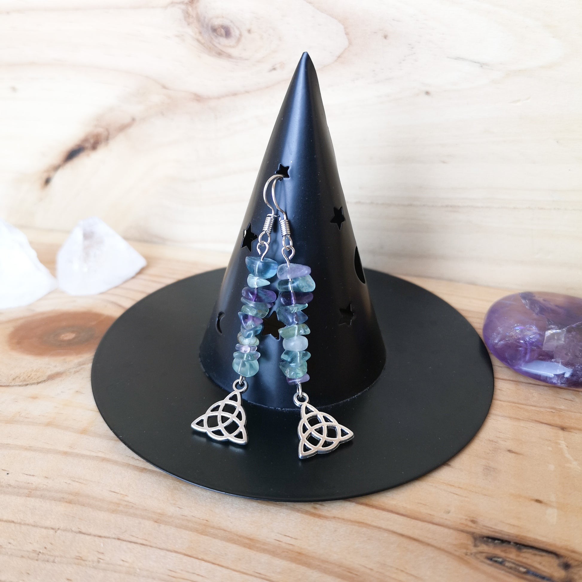 Triquetra and fluorite crystal Celtic earrings Baguette Magick