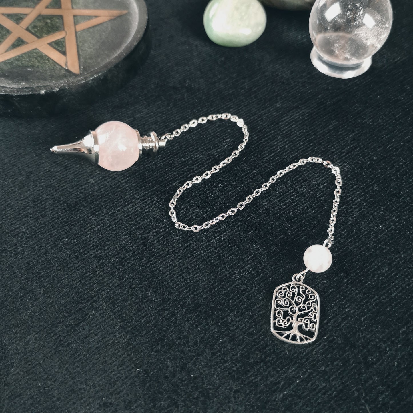 Rose quartz and tree of life Sephoroton dowsing pendulum Baguette Magick