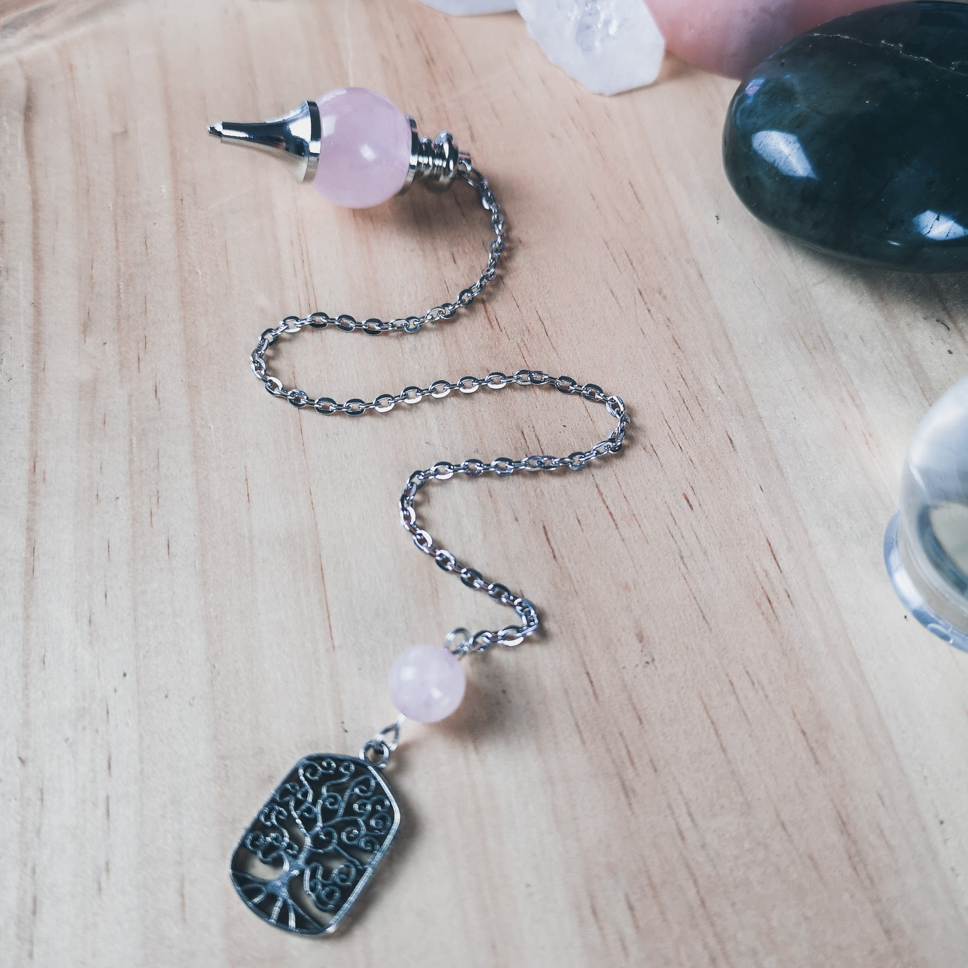 Rose quartz and tree of life Sephoroton dowsing pendulum Baguette Magick